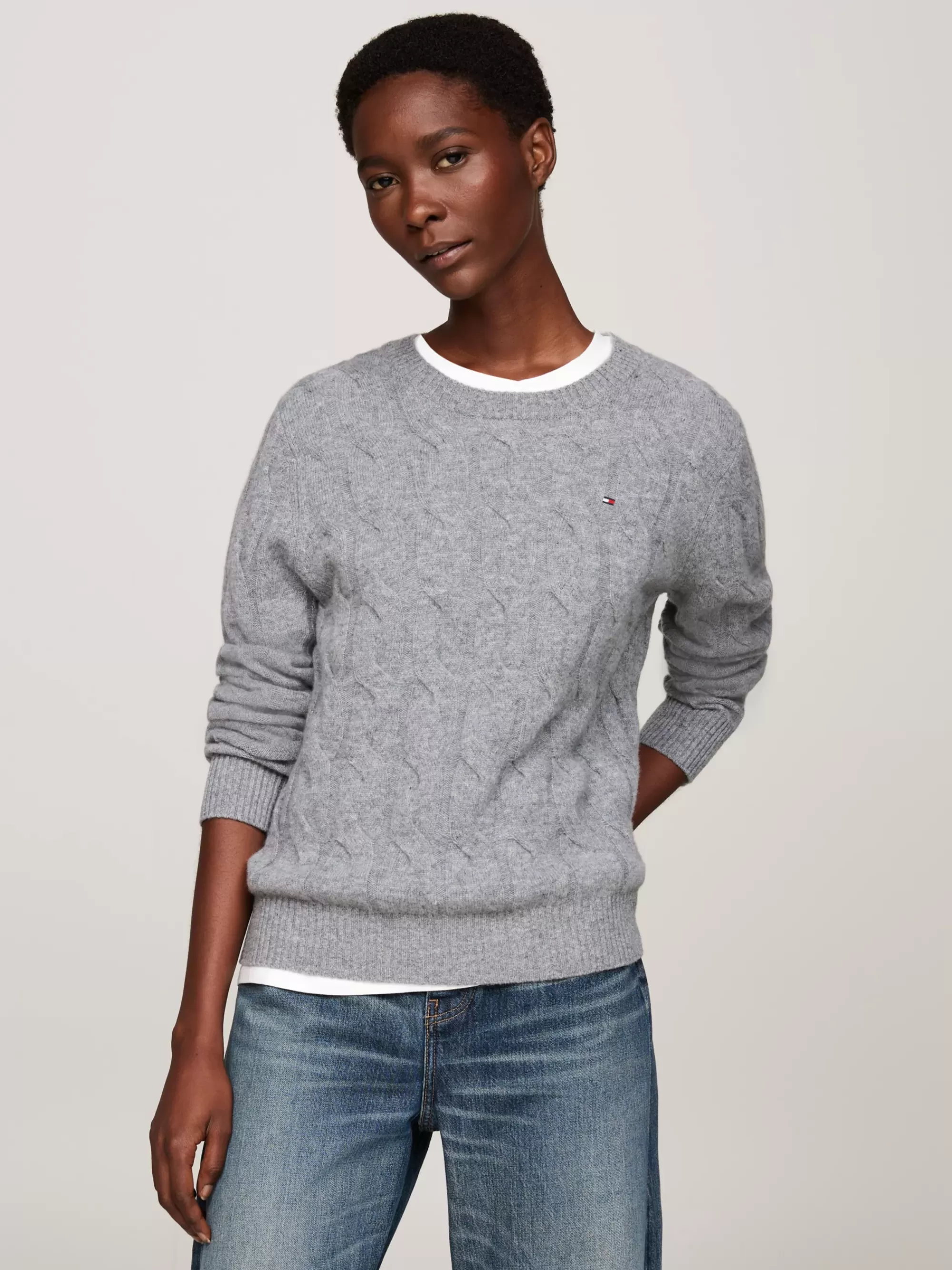 Truien Met Ronde Hals | Truien*Tommy Hilfiger Kabelgebreide Trui Van Zuivere Wol MEDIUM HEATHER GREY