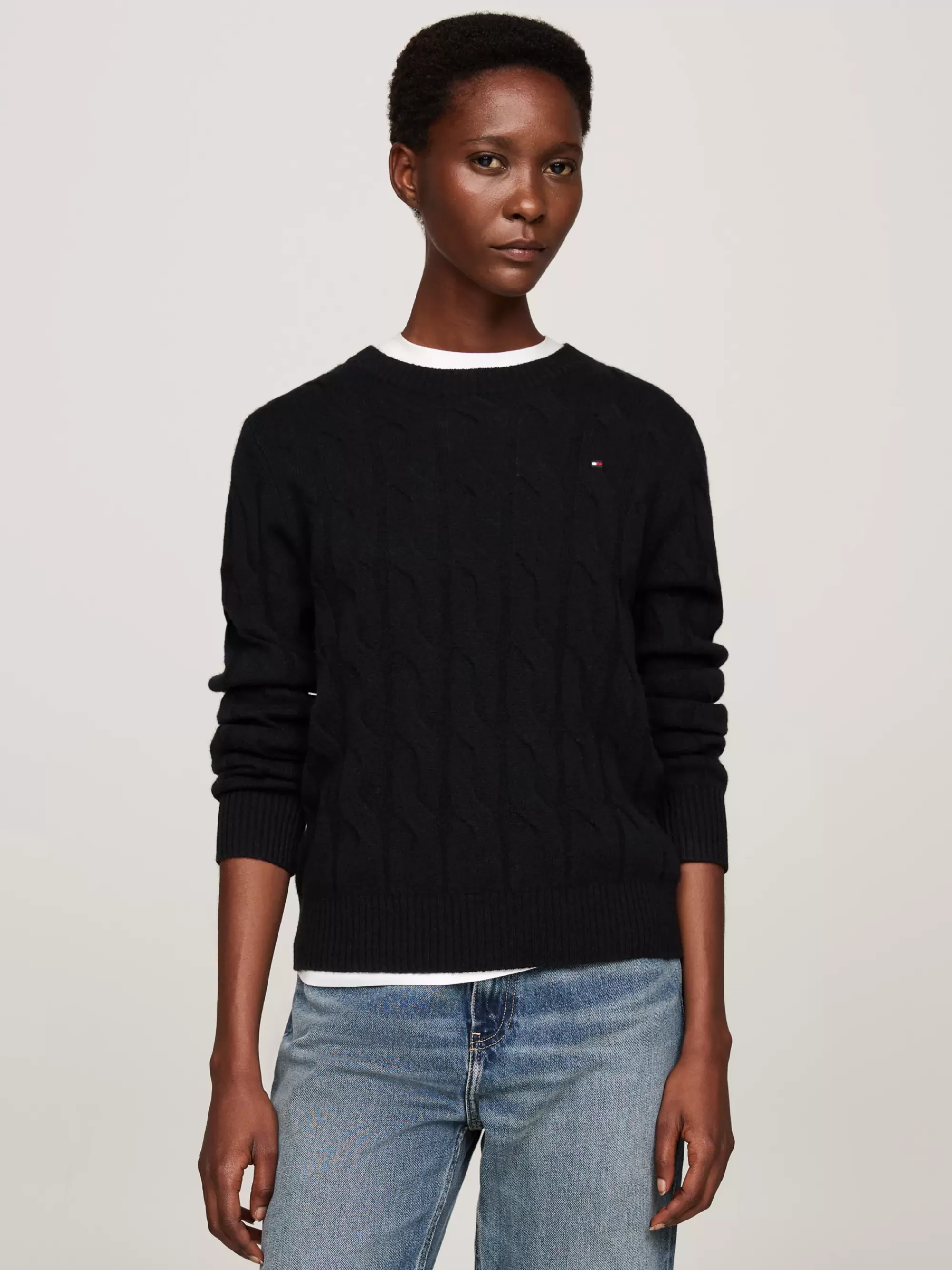 Truien Met Ronde Hals | Truien*Tommy Hilfiger Kabelgebreide Trui Van Zuivere Wol BLACK