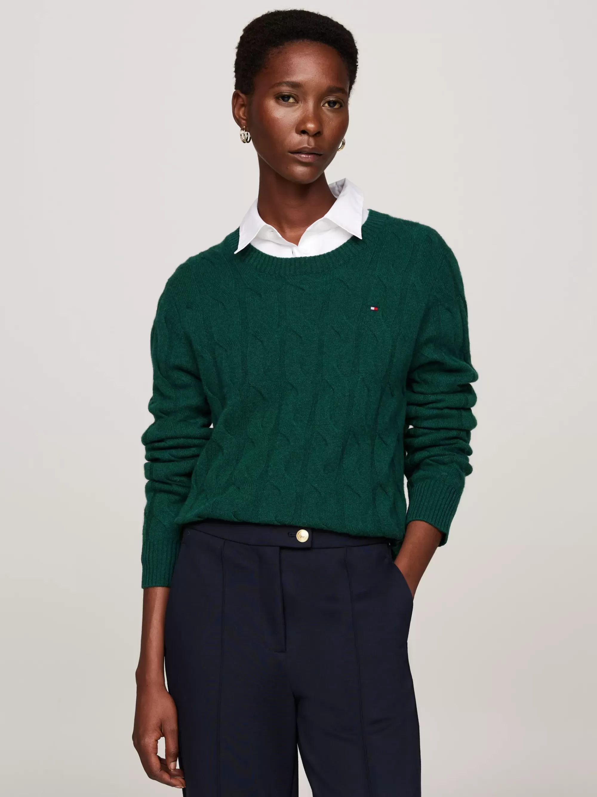 Truien Met Ronde Hals | Truien*Tommy Hilfiger Kabelgebreide Trui Van Zuivere Wol ORNAMENTAL GREEN