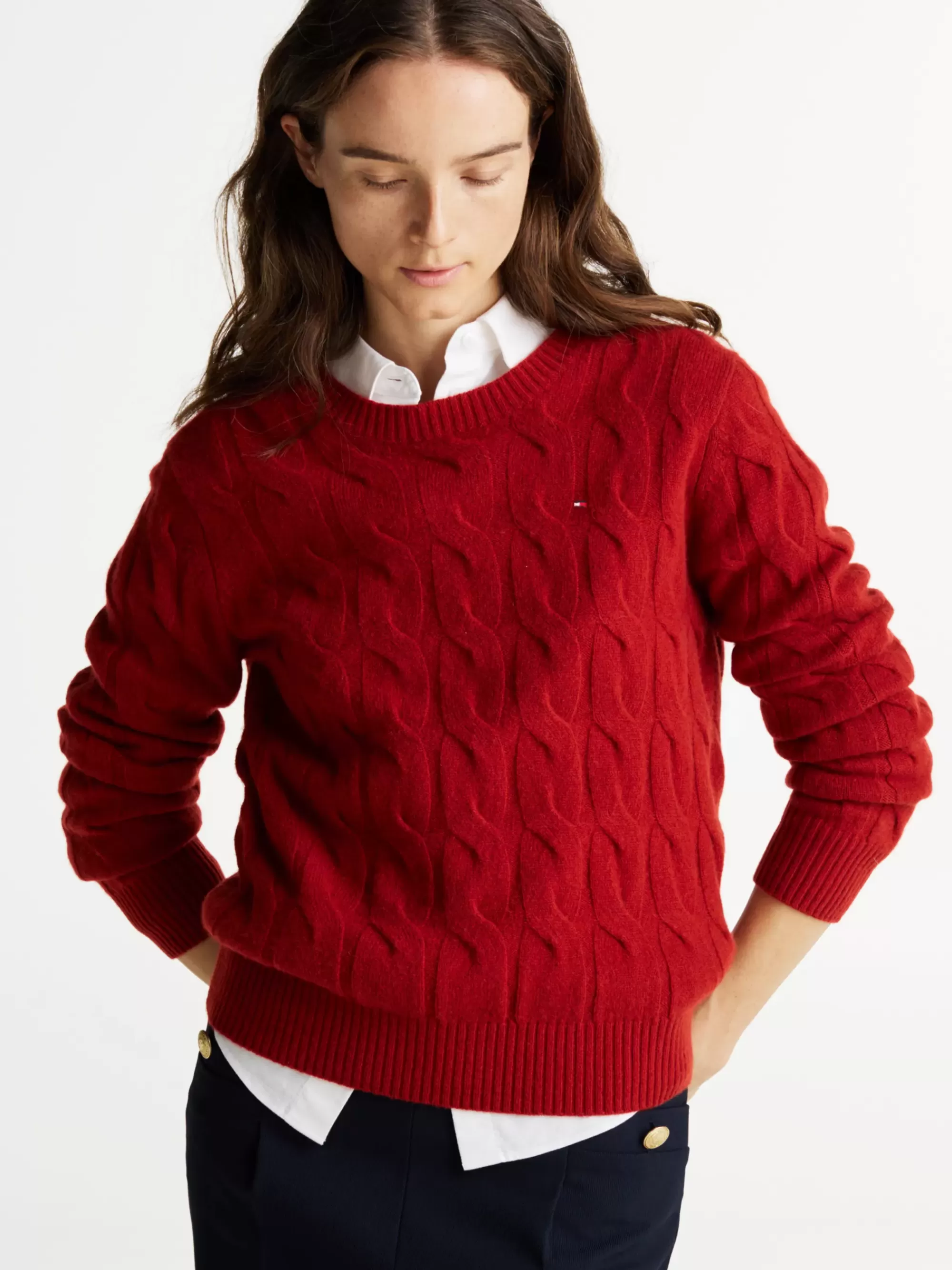 Truien Met Ronde Hals | Truien*Tommy Hilfiger Kabelgebreide Trui Van Zuivere Wol DARK MAGMA