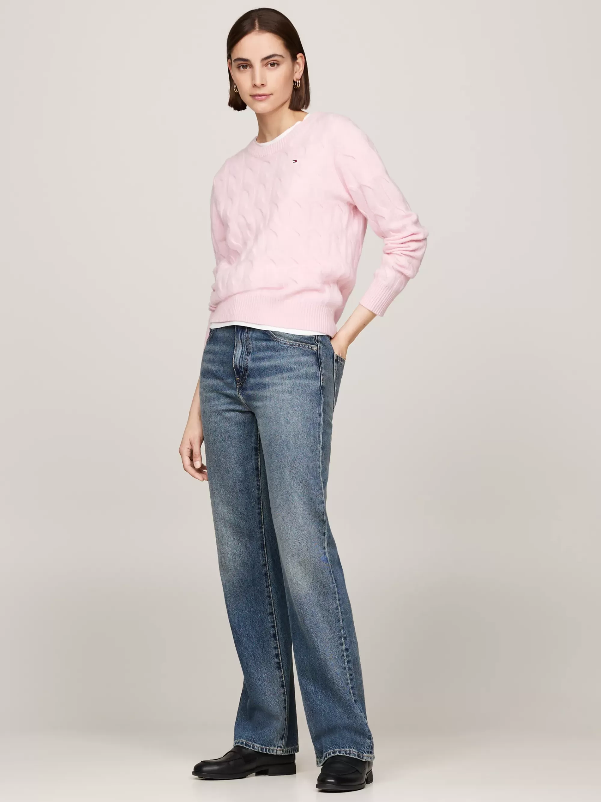 Truien Met Ronde Hals | Truien*Tommy Hilfiger Kabelgebreide Trui Van Zuivere Wol DELICATE PINK