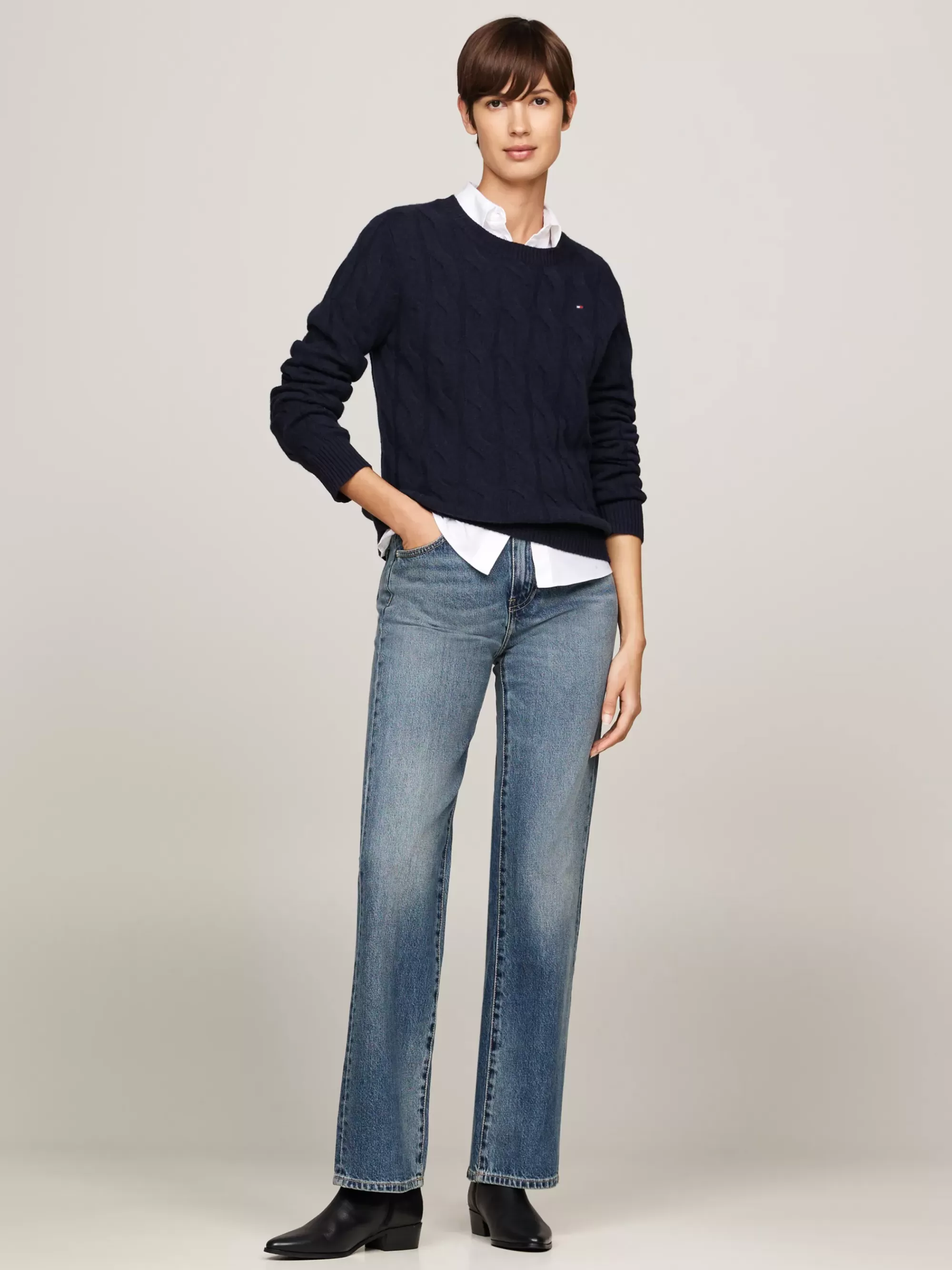 Truien Met Ronde Hals | Truien*Tommy Hilfiger Kabelgebreide Trui Van Zuivere Wol DESERT SKY