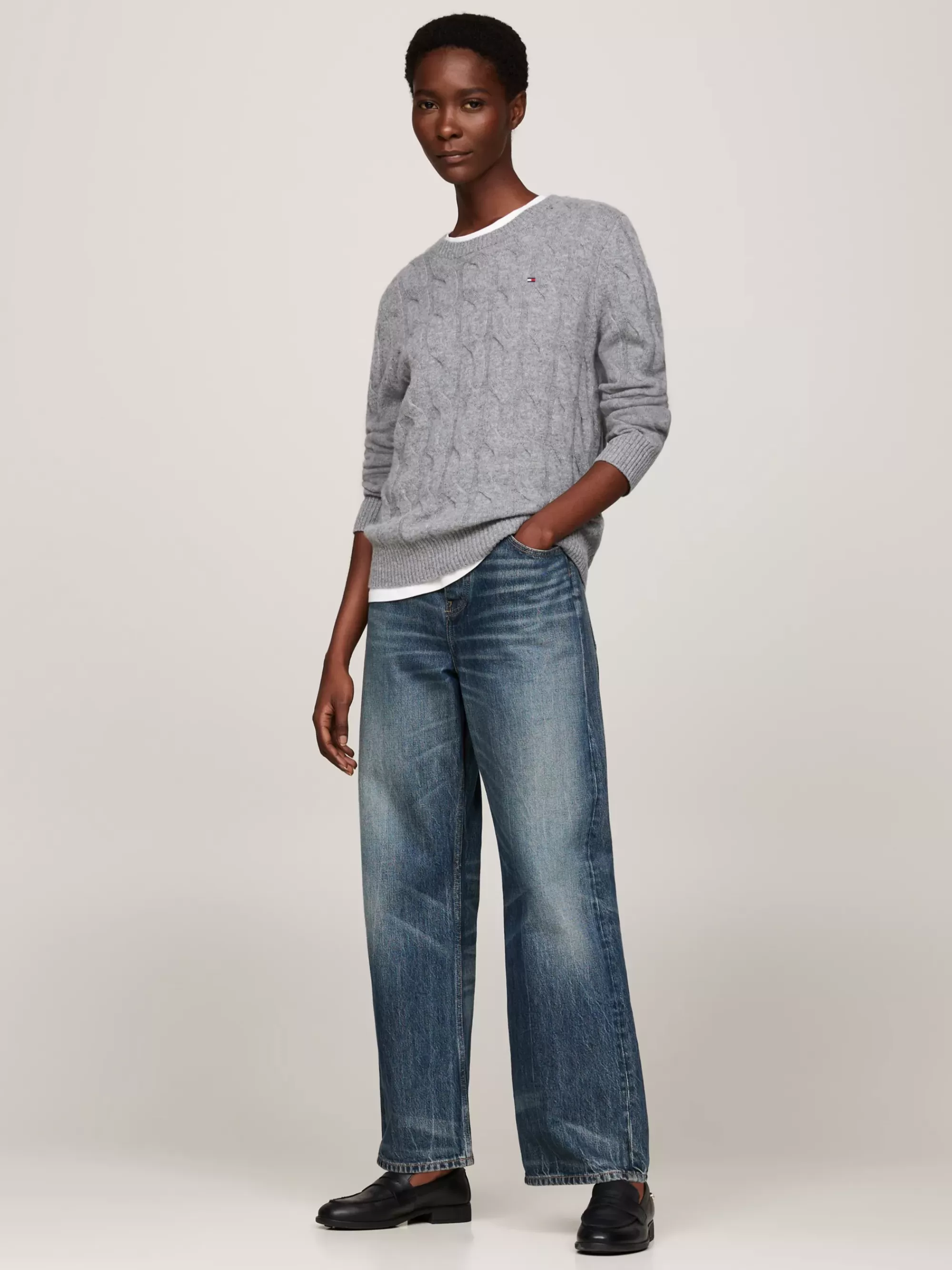 Truien Met Ronde Hals | Truien*Tommy Hilfiger Kabelgebreide Trui Van Zuivere Wol MEDIUM HEATHER GREY