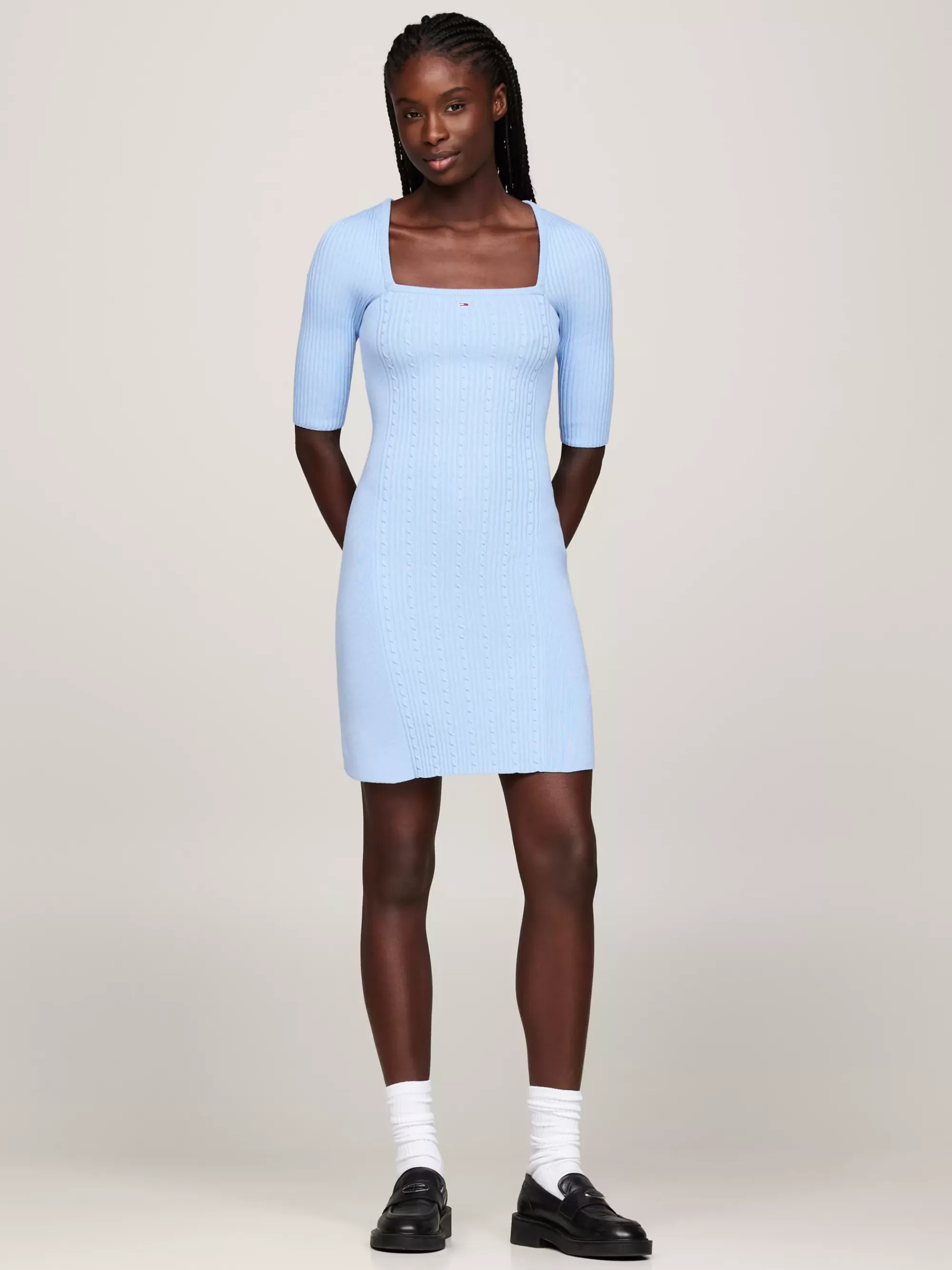 Jurken*Tommy Hilfiger Kabelgebreide Trui-jurk Met Vierkante Hals VESSEL BLUE