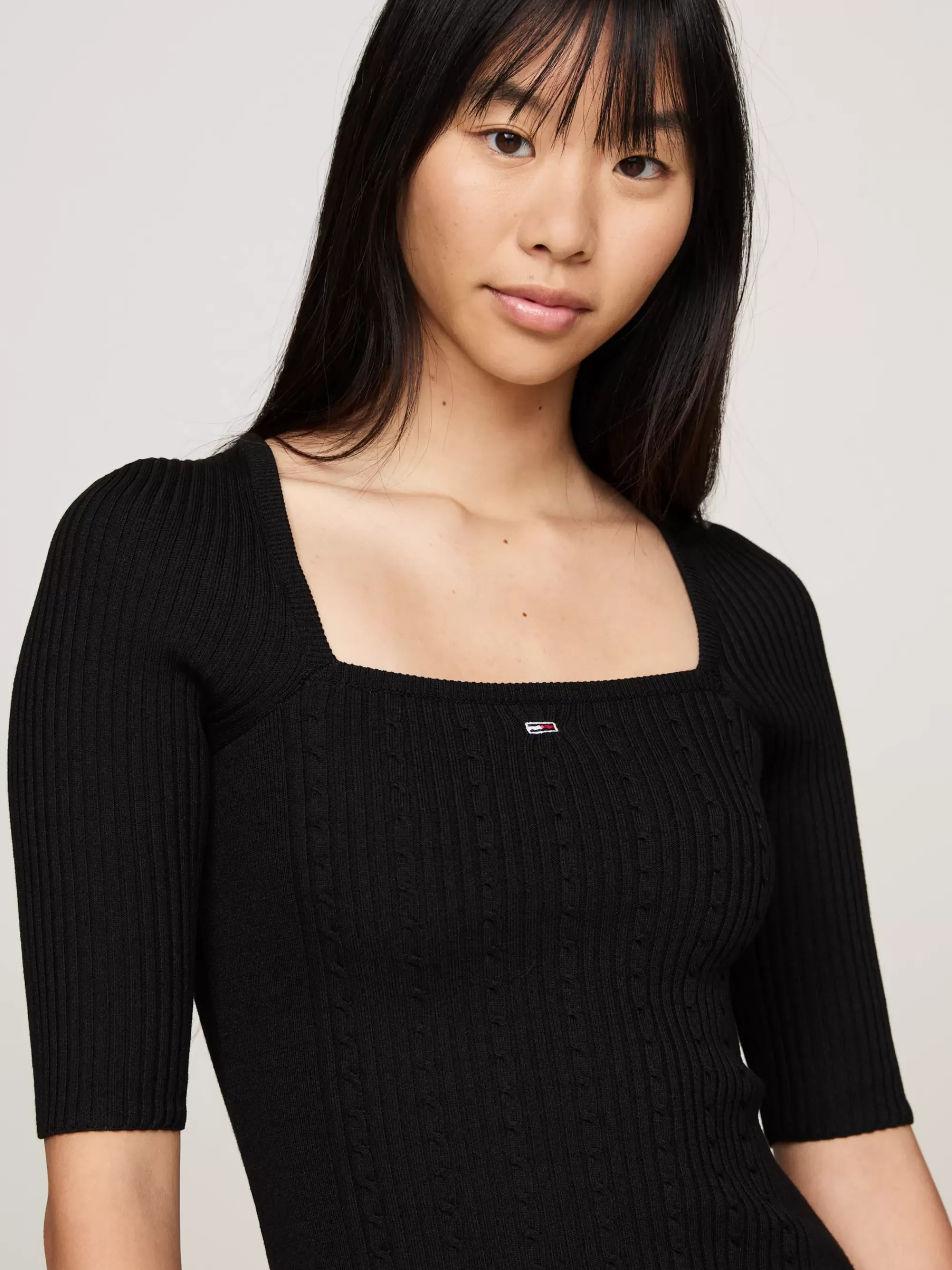 Jurken*Tommy Hilfiger Kabelgebreide Trui-jurk Met Vierkante Hals BLACK