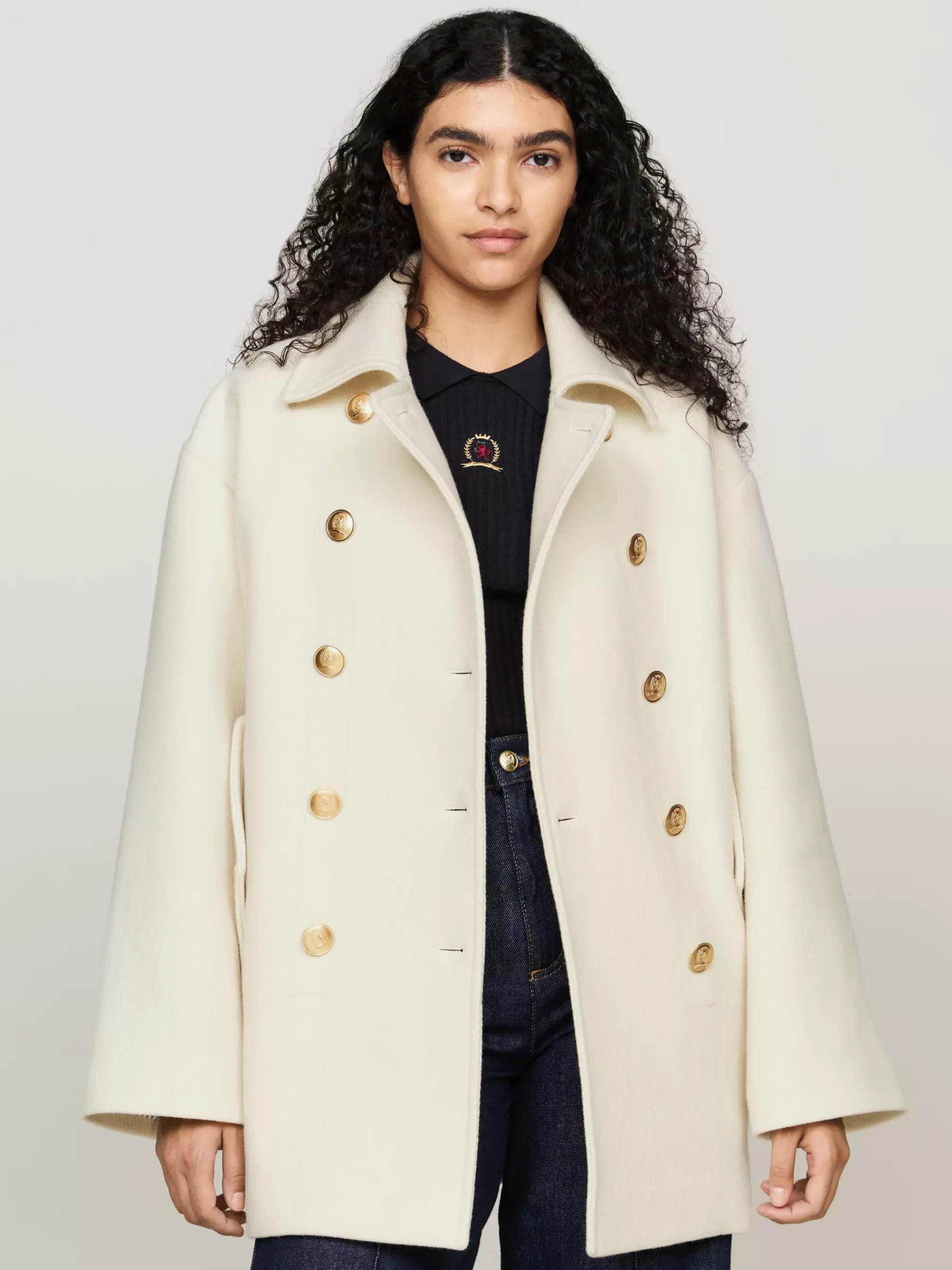 Jassen & Jacks | Wollen Jassen*Tommy Hilfiger Kasjmiermix Double-breasted Jas Met Embleem IVORY