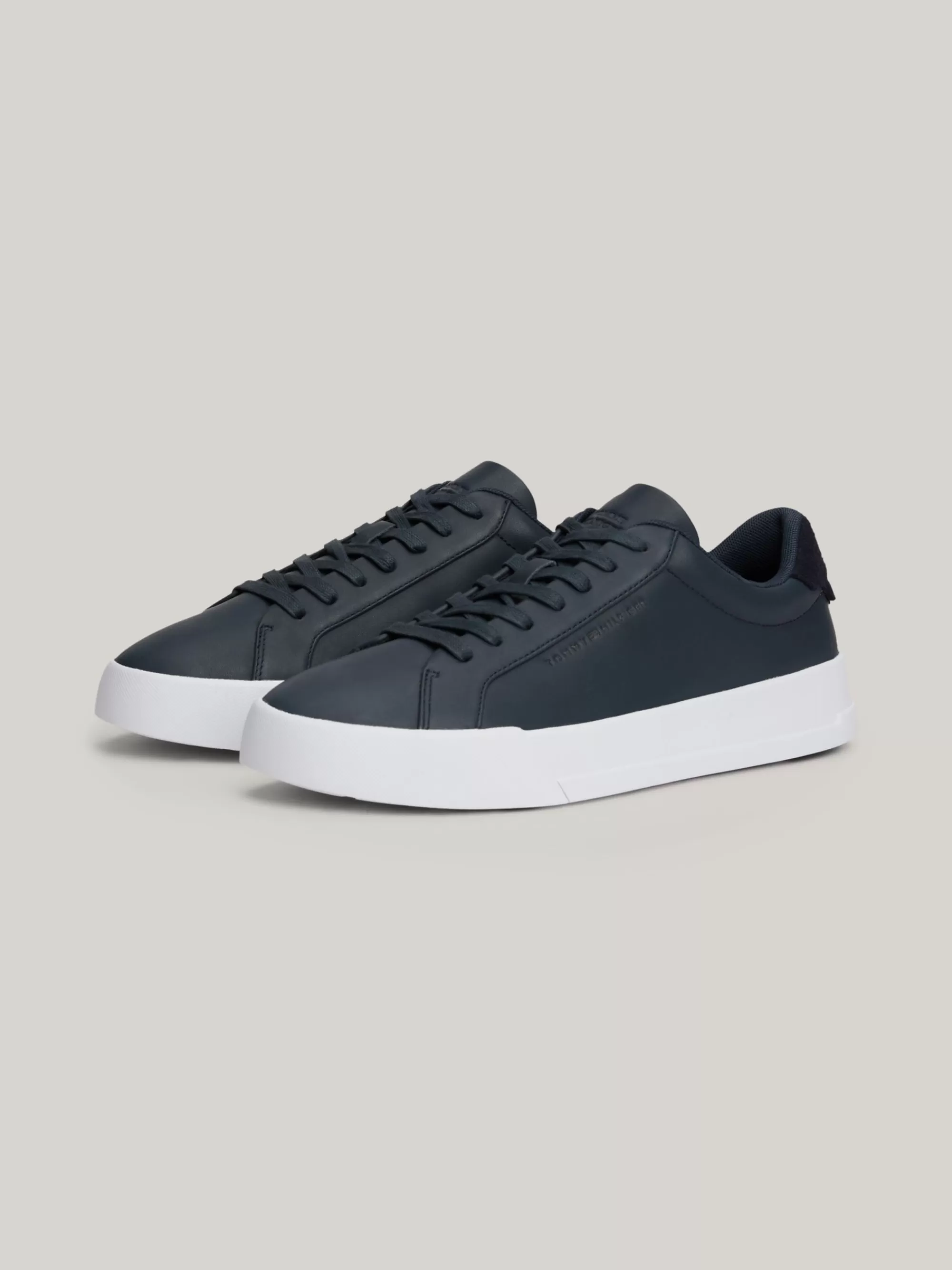 Sneakers*Tommy Hilfiger Leren Court Sneaker Met Contrasthiel MILITARY DENIM