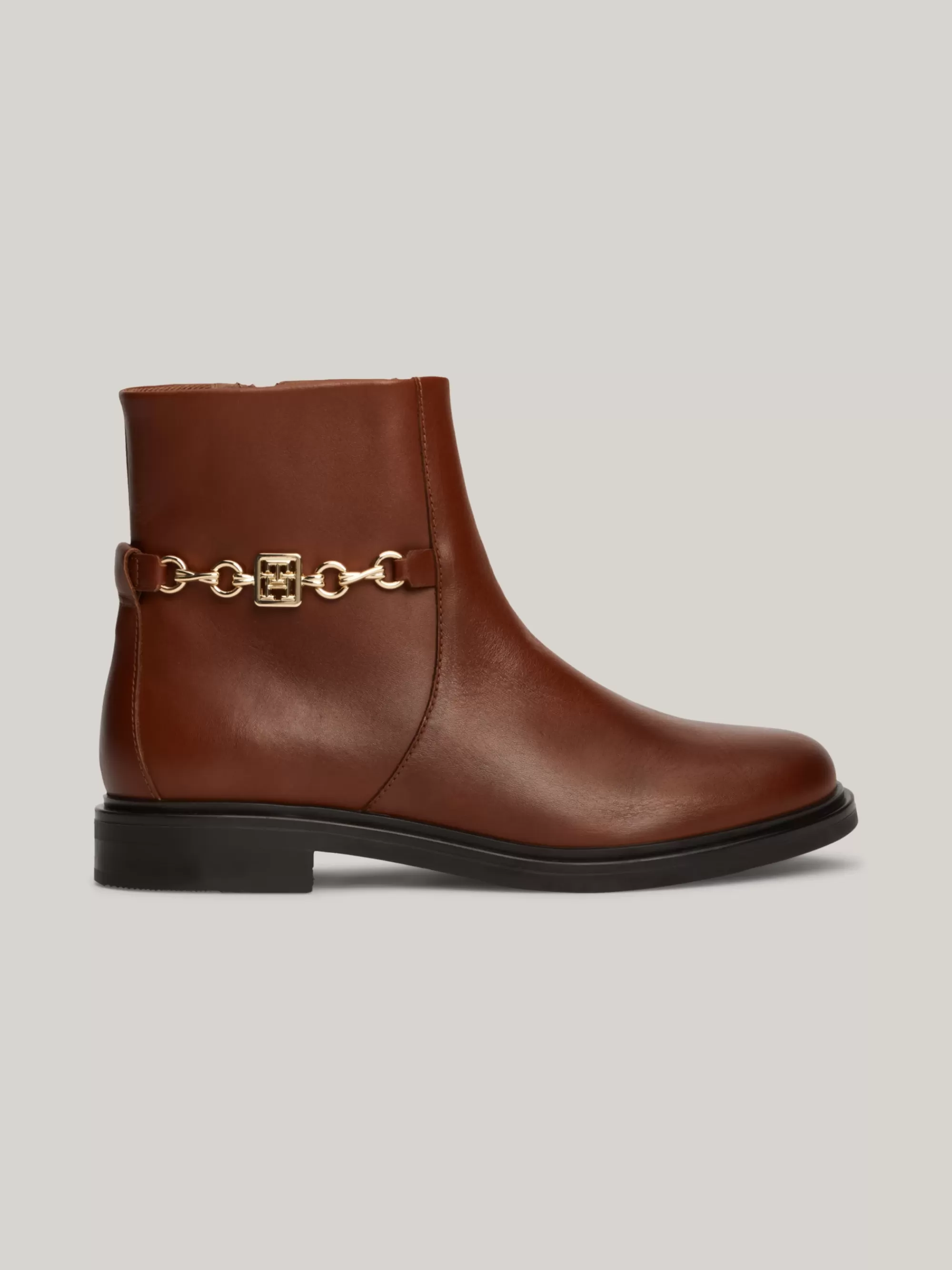 Laarzen & Enkellaarzen*Tommy Hilfiger Leren Enkellaars Met Kettingdetail COGNAC BROWN