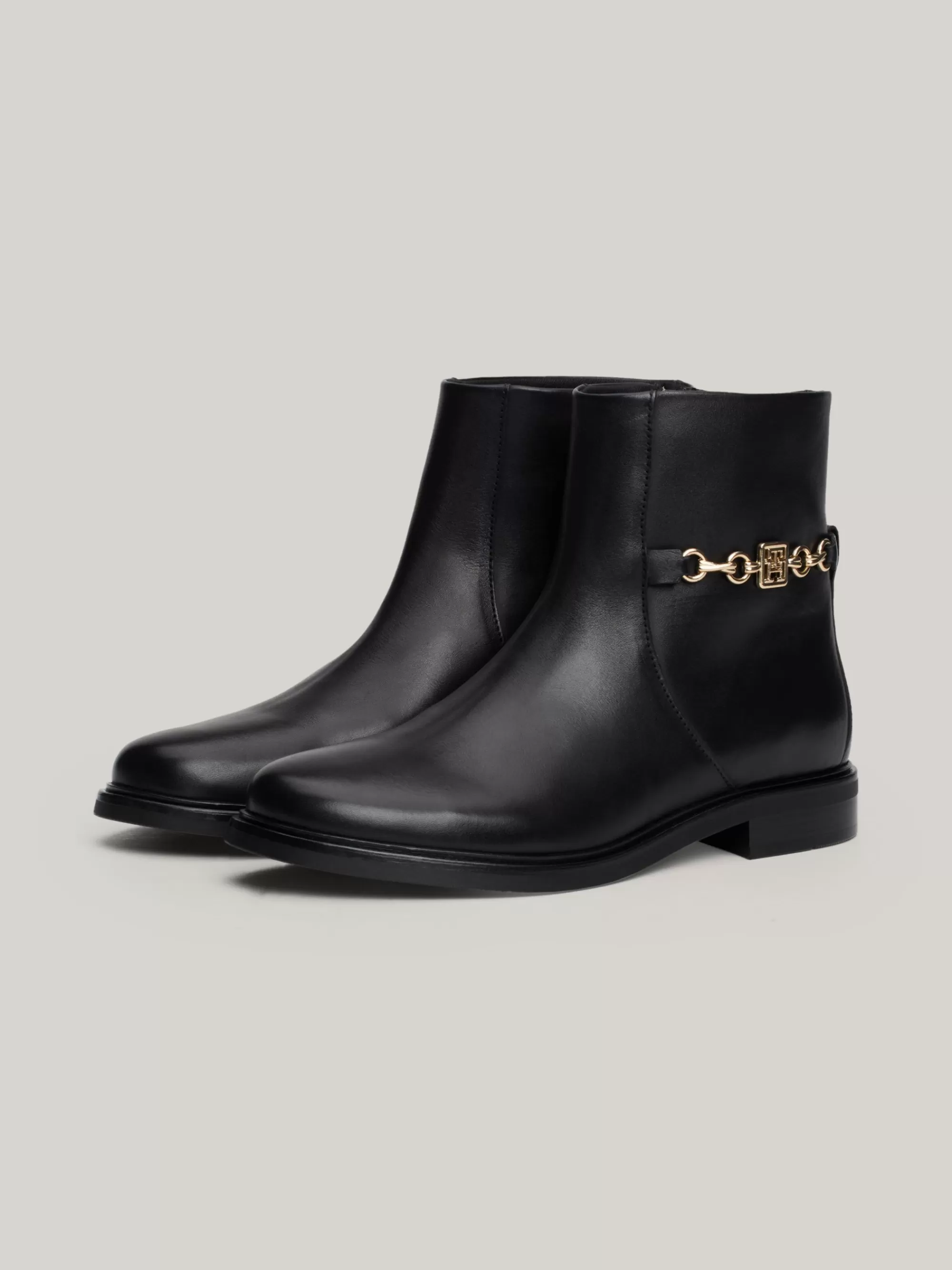 Laarzen & Enkellaarzen*Tommy Hilfiger Leren Enkellaars Met Kettingdetail BLACK