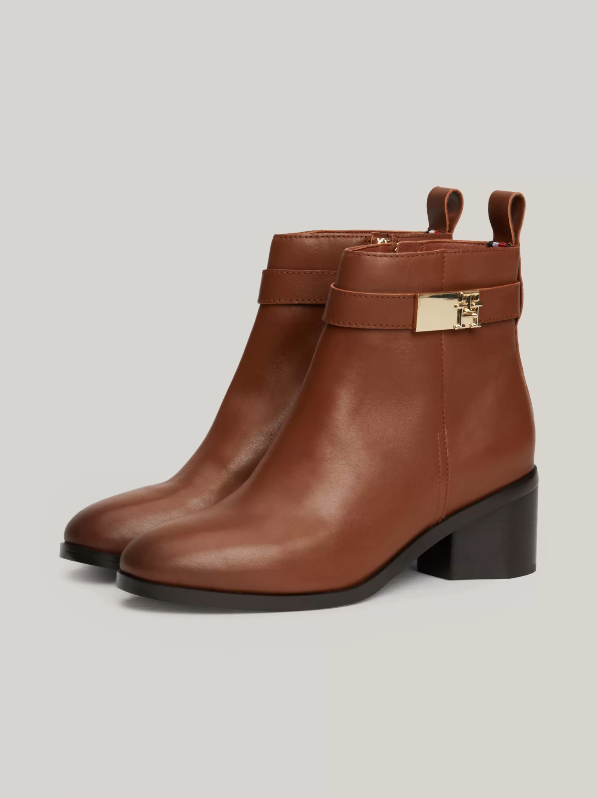 Laarzen & Enkellaarzen*Tommy Hilfiger Leren Laars Met Halfhoge Blokhak COGNAC BROWN