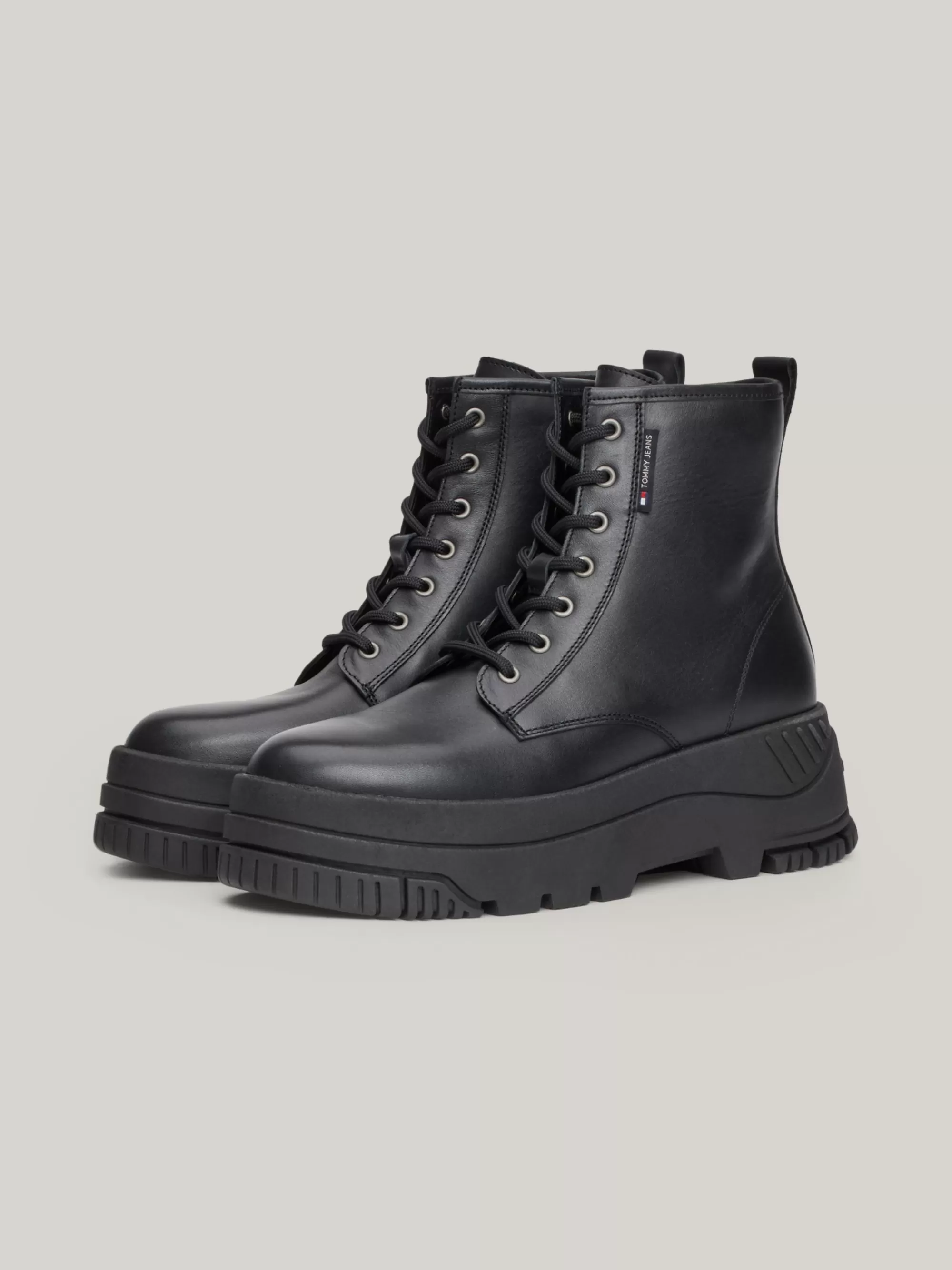 Veterlaarzen | Laarzen & Enkellaarzen*Tommy Hilfiger Leren Platformlaars Met Veters En Profielzool BLACK