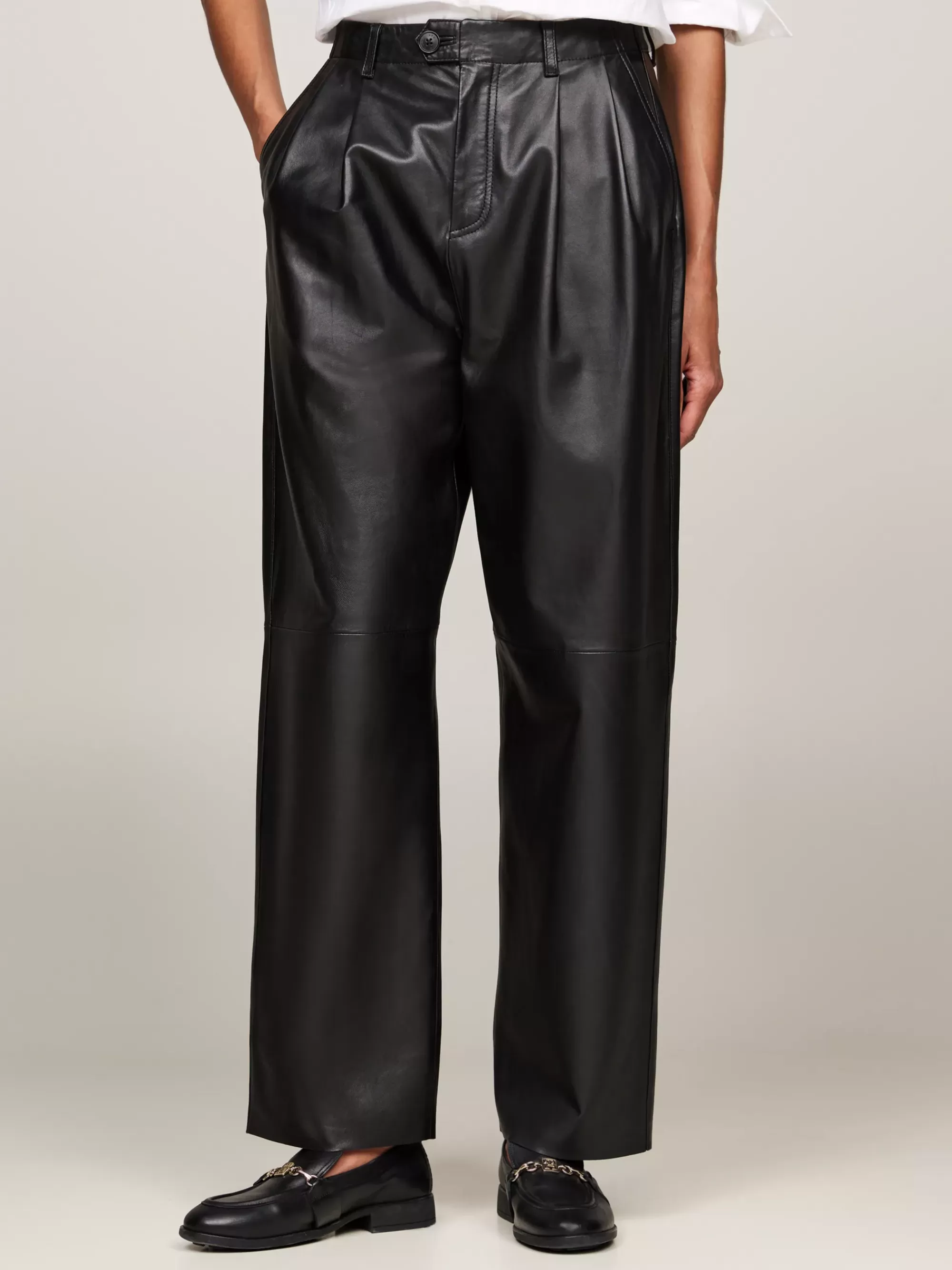 Broeken*Tommy Hilfiger Leren Relaxed Tapered Broek Met Plooien BLACK