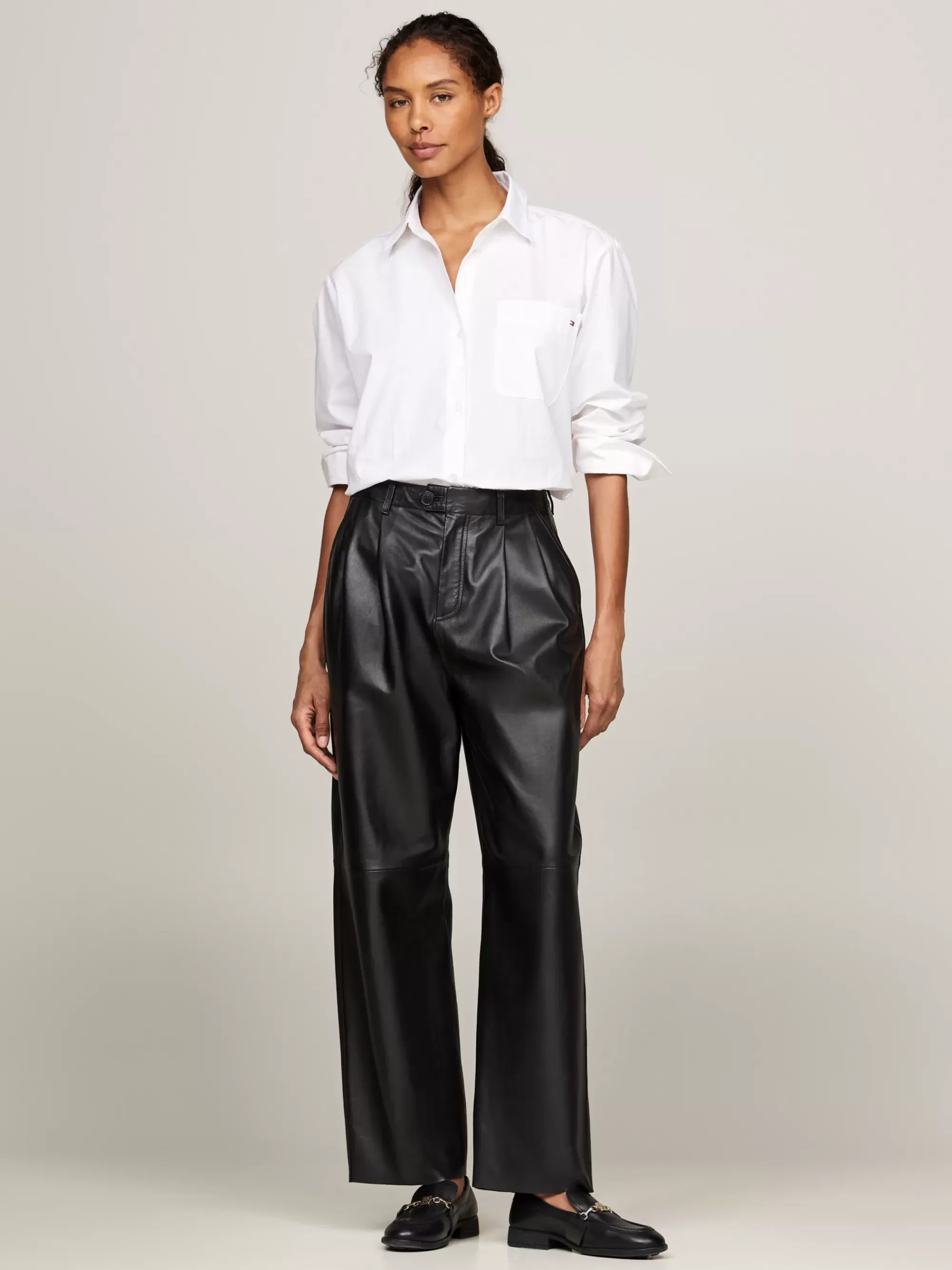 Broeken*Tommy Hilfiger Leren Relaxed Tapered Broek Met Plooien BLACK