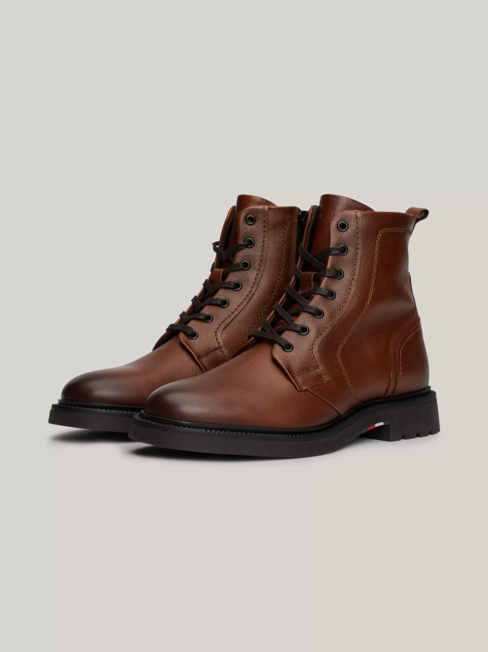 Veterboots | Laarzen*Tommy Hilfiger Lichtgewicht Halfhoge Leren Laars Met Veters WINTER COGNAC