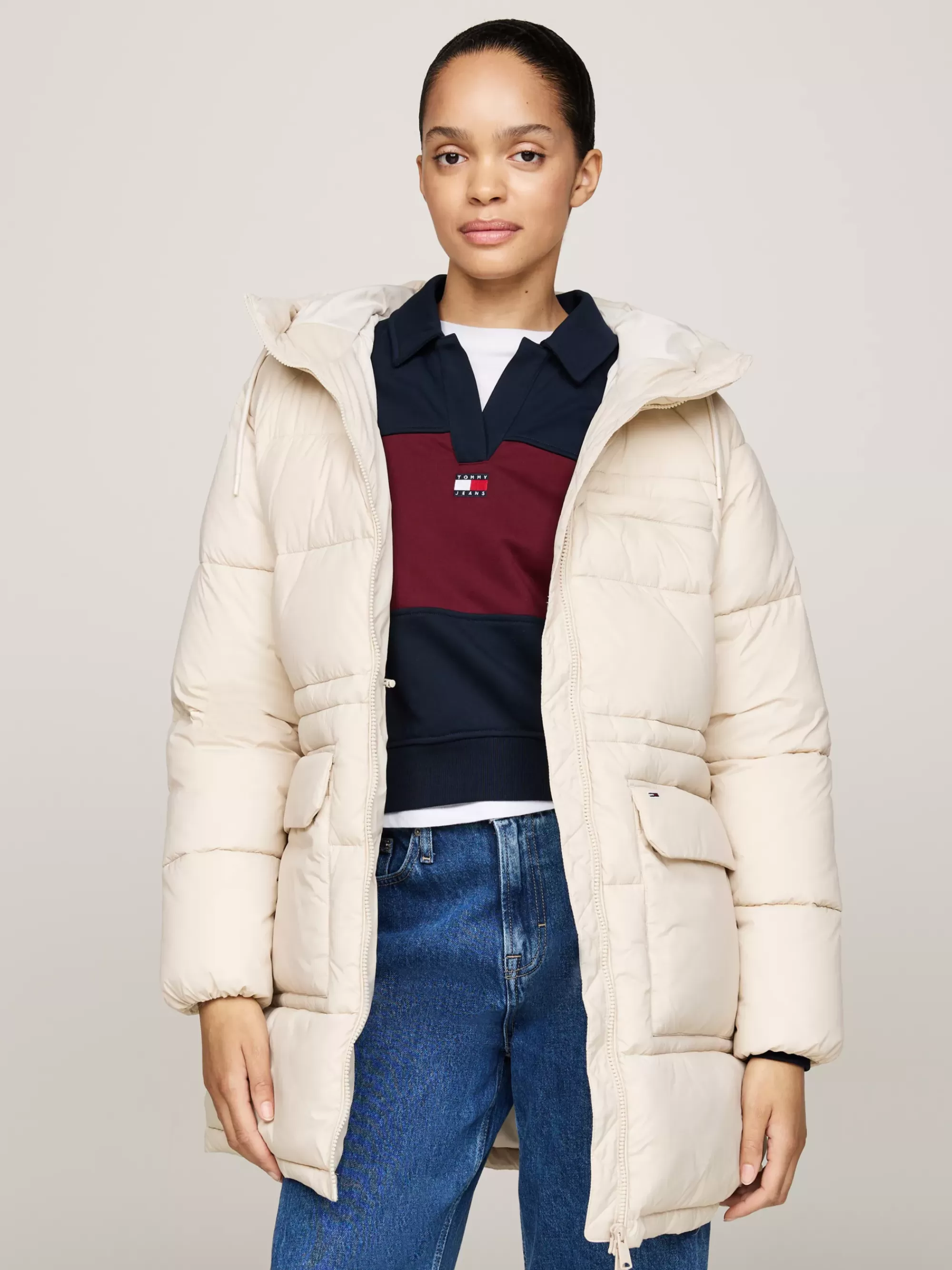 Jassen & Jacks*Tommy Hilfiger Longline Pufferjack Met Capuchon NEWSPRINT