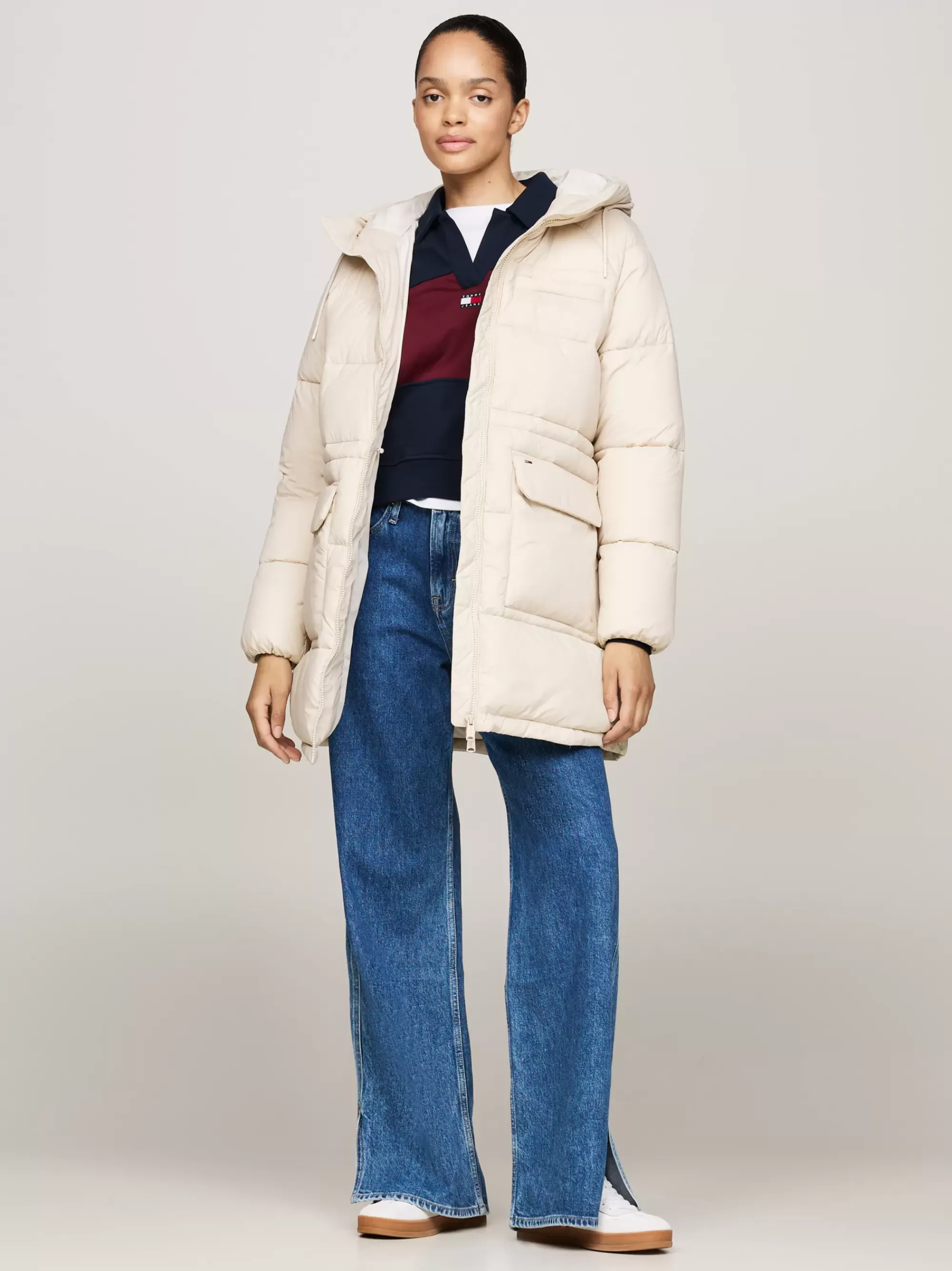 Jassen & Jacks*Tommy Hilfiger Longline Pufferjack Met Capuchon NEWSPRINT