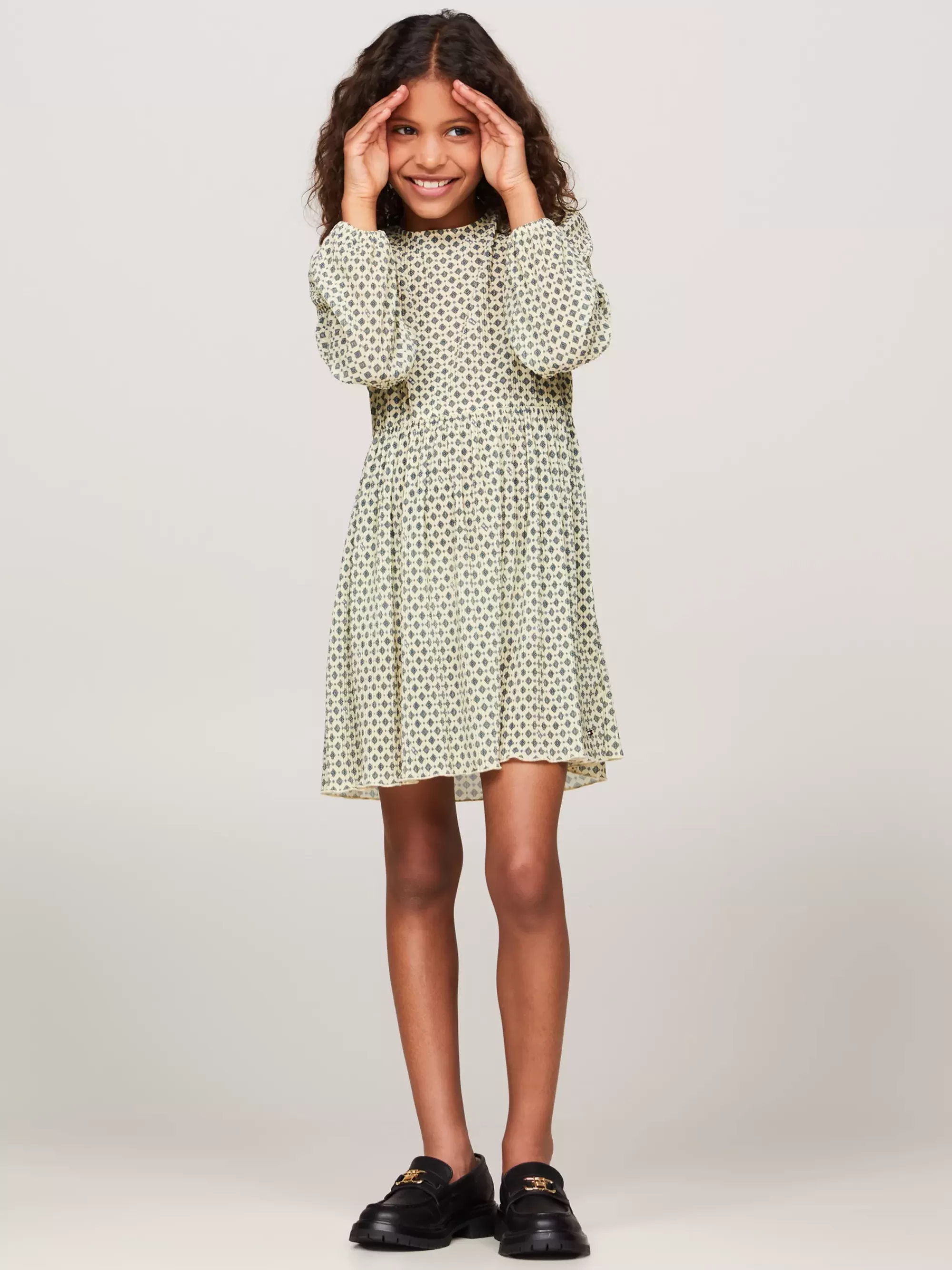 Jurken*Tommy Hilfiger Longsleeve Fit And Flare Jurk Met Foulard LEMON ZEST ALLOVER PRINT