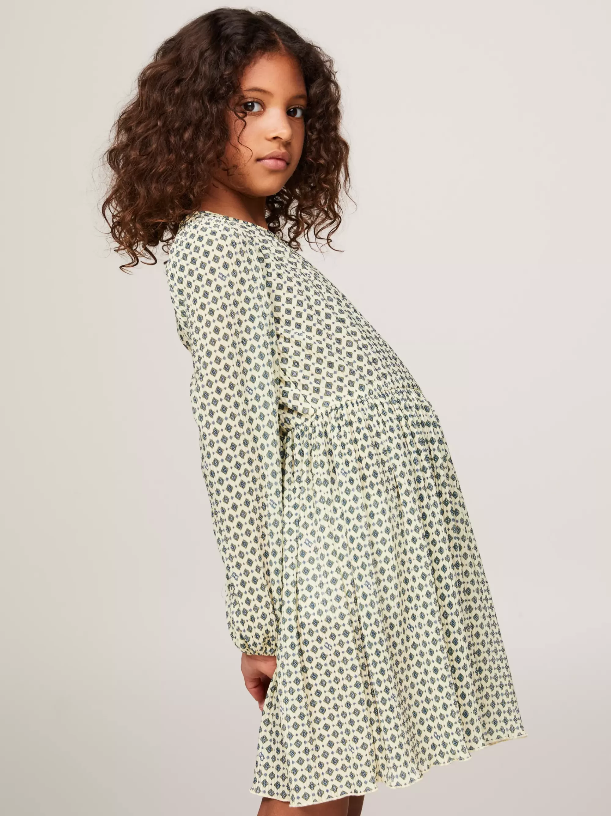 Jurken*Tommy Hilfiger Longsleeve Fit And Flare Jurk Met Foulard LEMON ZEST ALLOVER PRINT