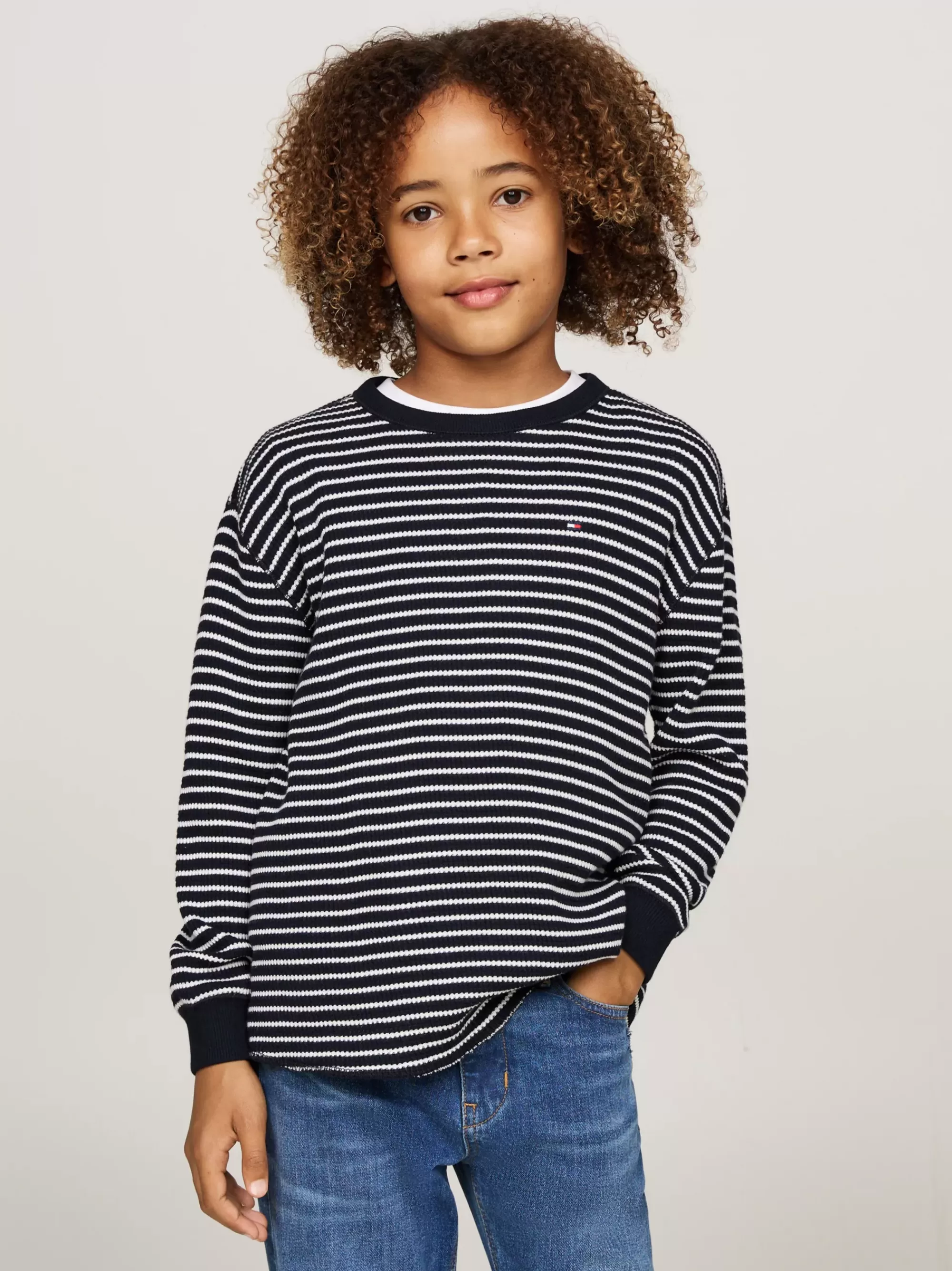T-Shirts & Polo's*Tommy Hilfiger Longsleeve T-shirt Met Wafelsteek BLUE BASE WHITE STRIPES