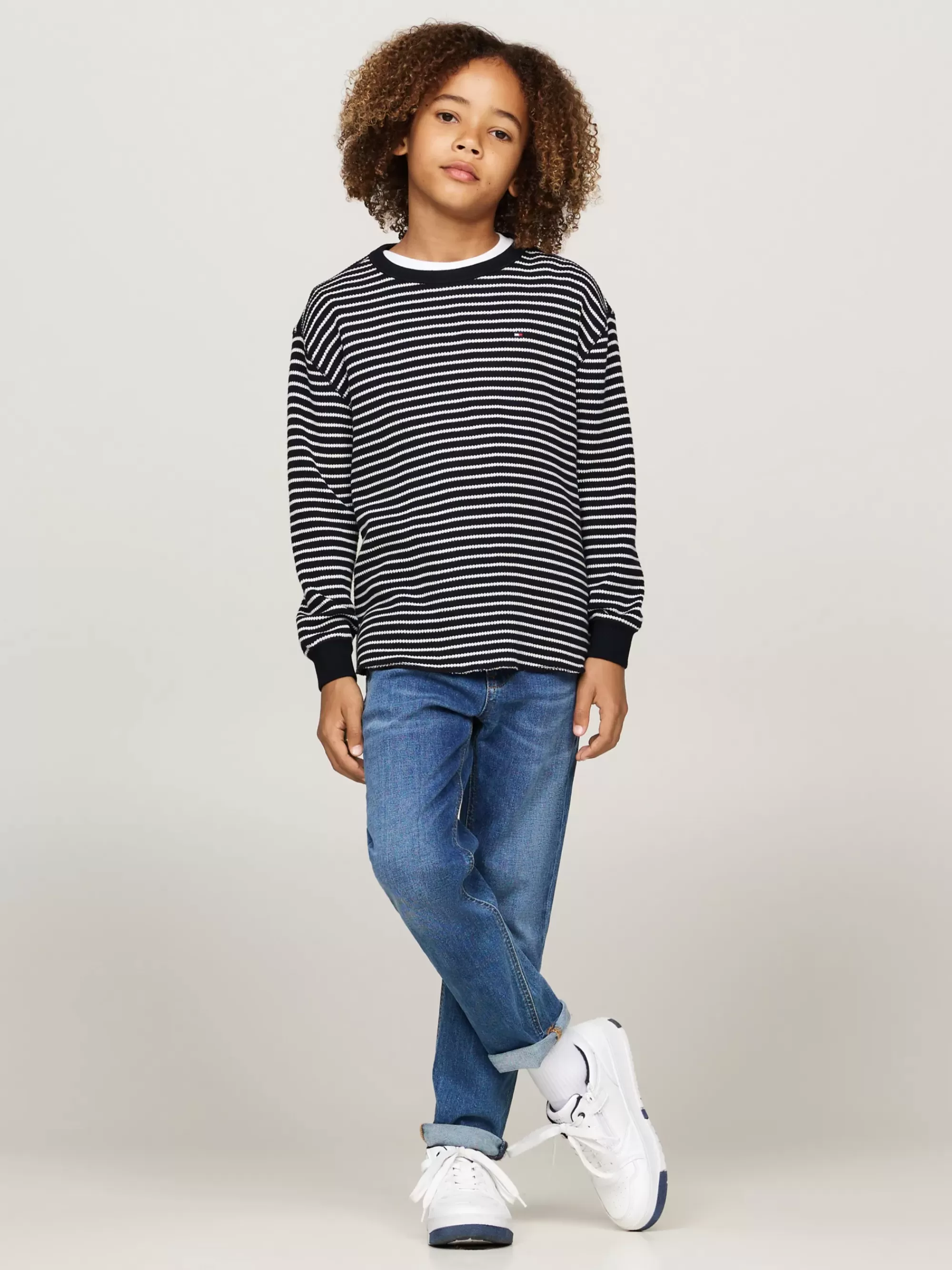 T-Shirts & Polo's*Tommy Hilfiger Longsleeve T-shirt Met Wafelsteek BLUE BASE WHITE STRIPES