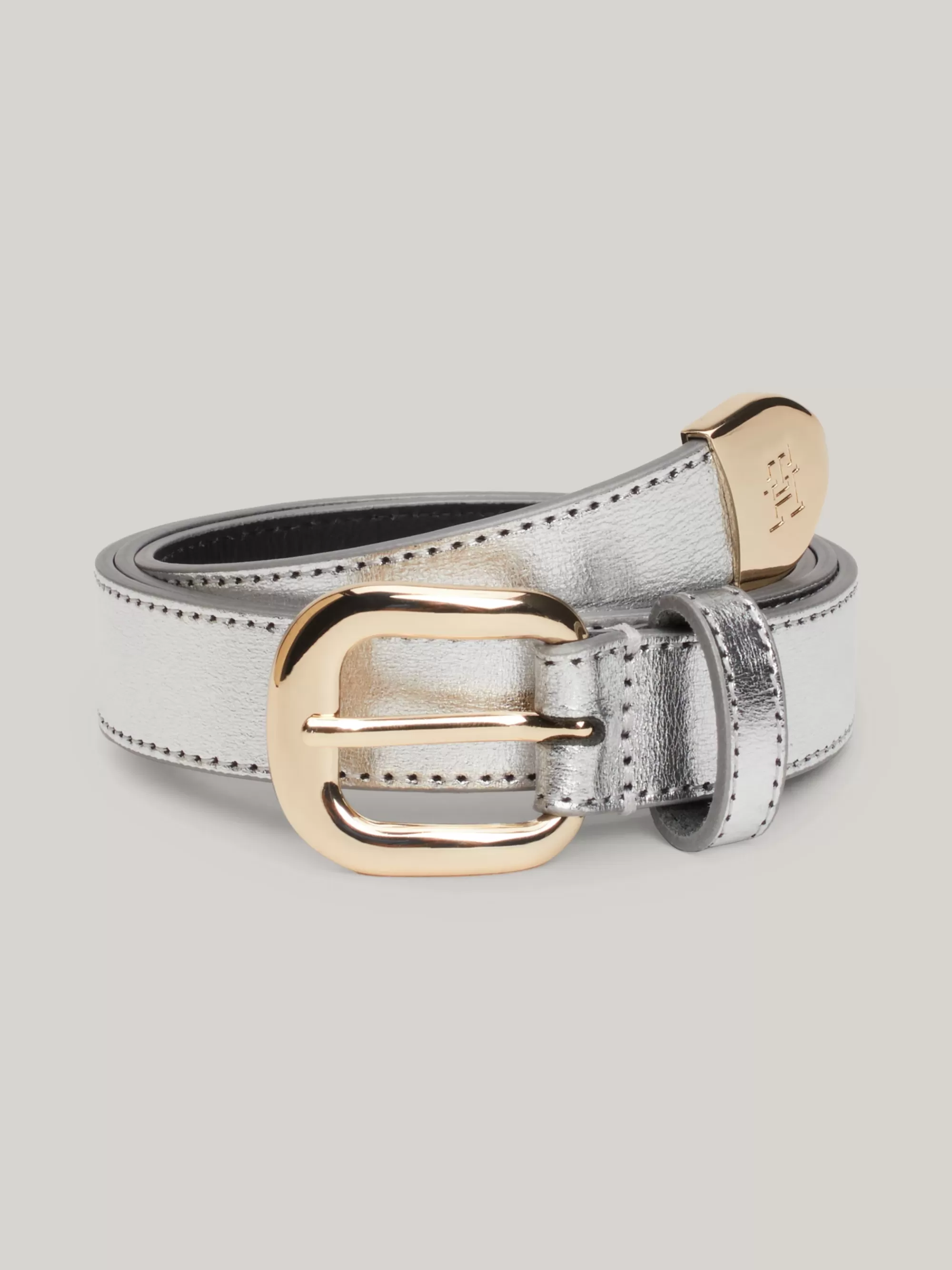 Riemen*Tommy Hilfiger Metallic Leren Riem Met Afgeronde Gesp SILVER