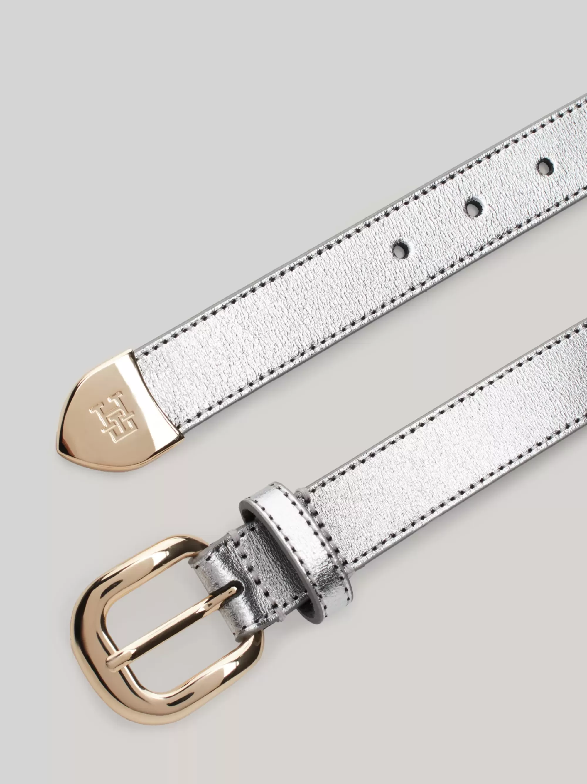Riemen*Tommy Hilfiger Metallic Leren Riem Met Afgeronde Gesp SILVER