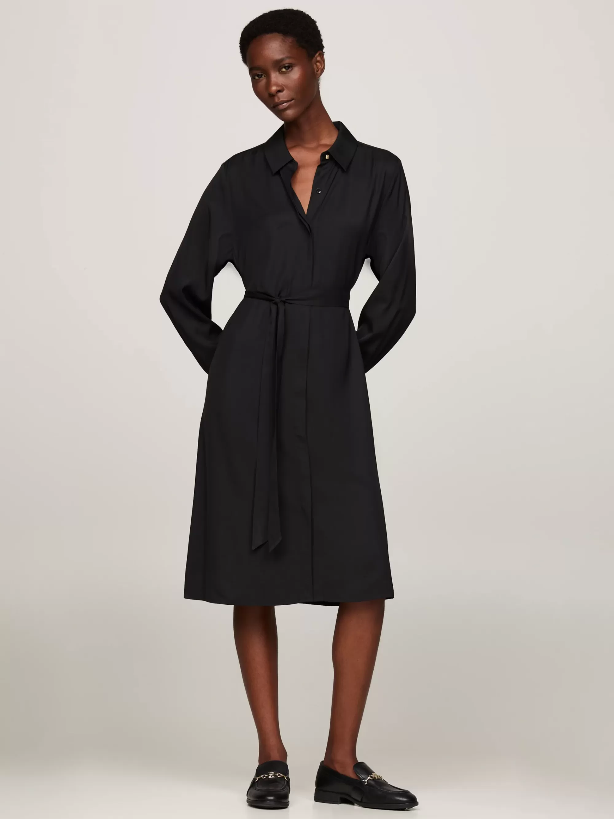 Jurken*Tommy Hilfiger Midi-overhemdjurk Met Strikceintuur BLACK