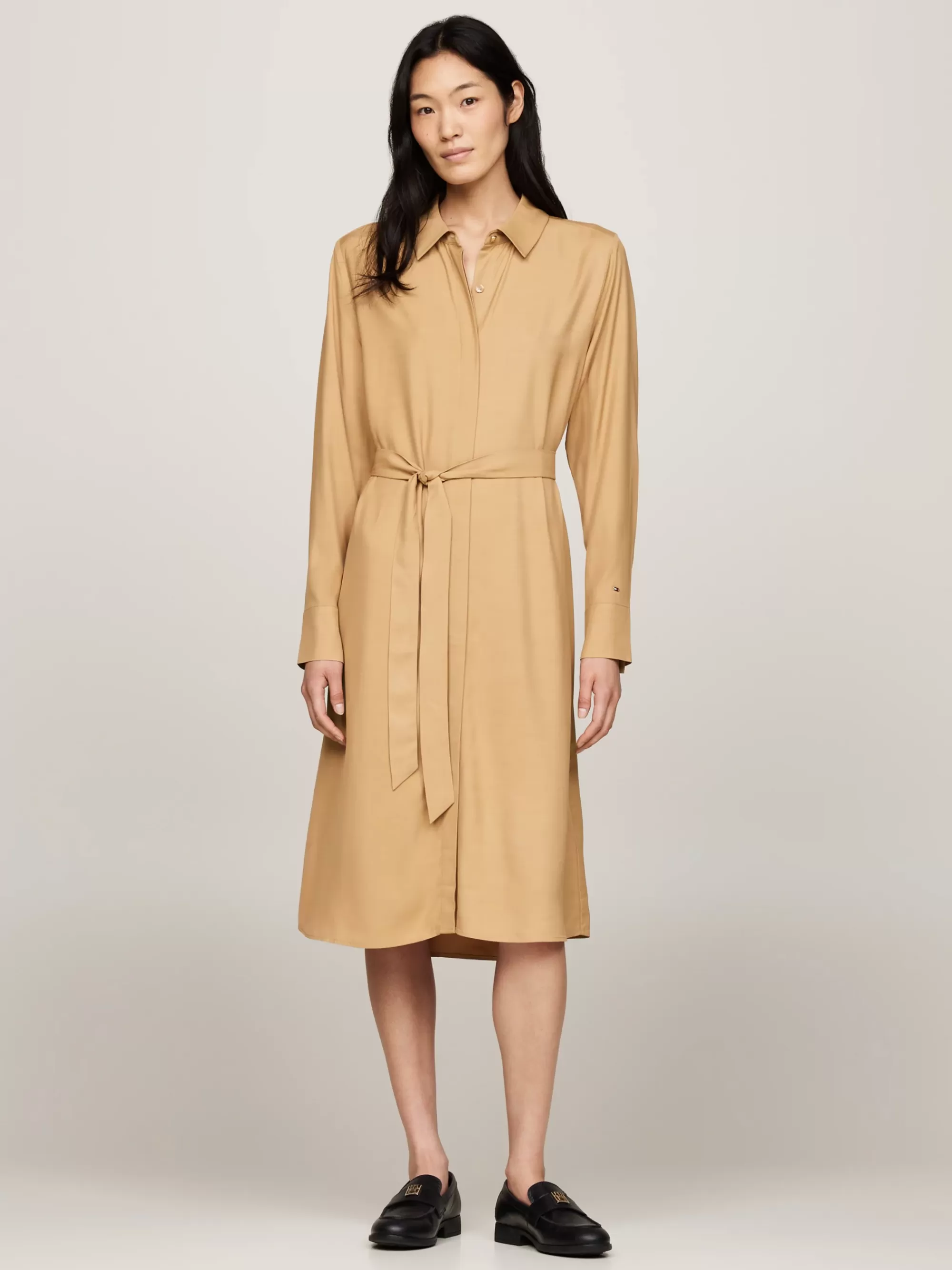Jurken*Tommy Hilfiger Midi-overhemdjurk Met Strikceintuur CLASSIC KHAKI