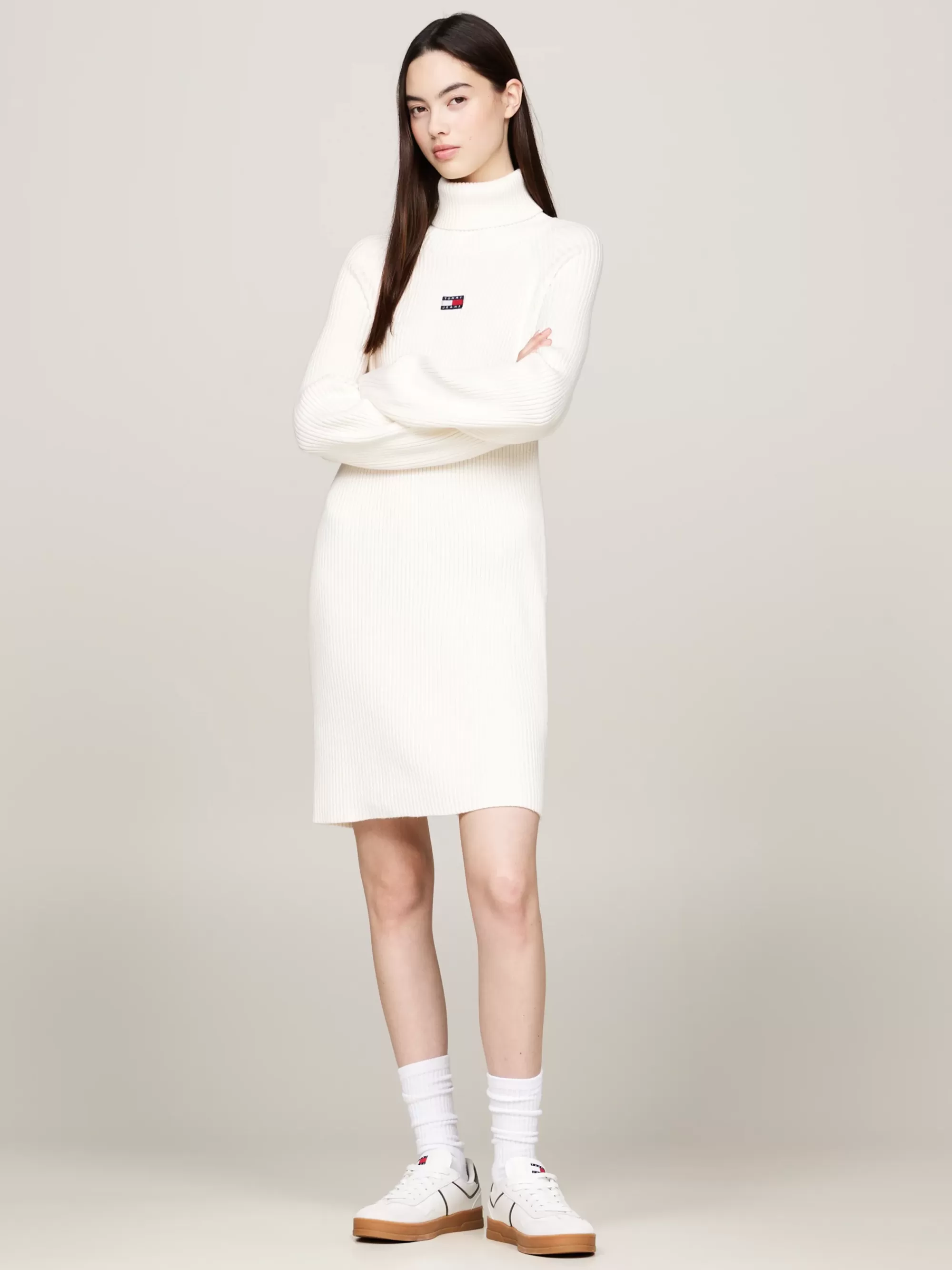 Jurken*Tommy Hilfiger Mini-sweaterjurk Met Opstaande Hals ANCIENT WHITE