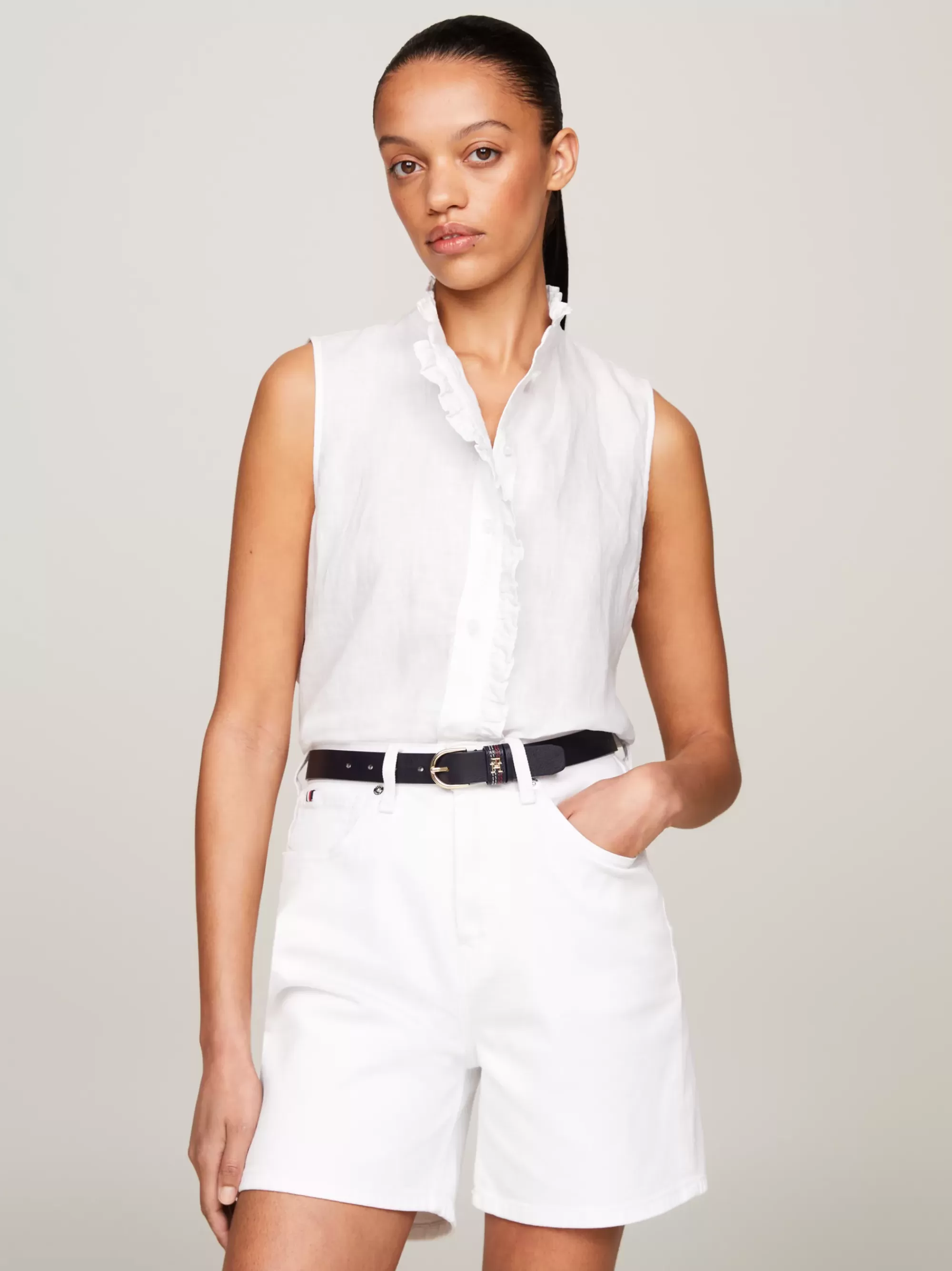Blouses & Overhemden*Tommy Hilfiger Mouwloze Linnen Blouse Met Ruches TH OPTIC WHITE