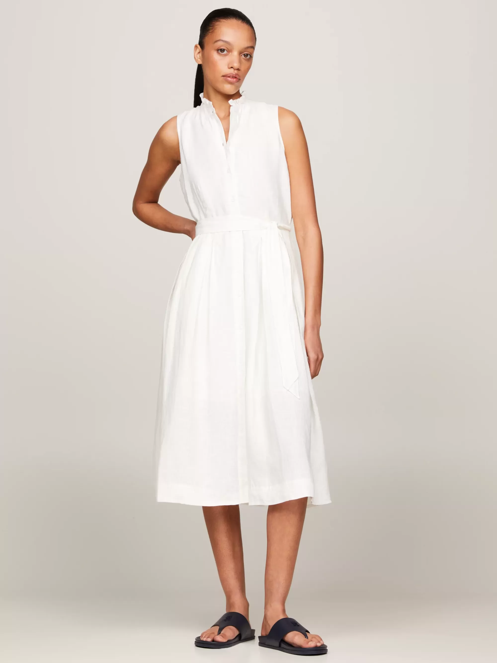 Jurken*Tommy Hilfiger Mouwloze Linnen Midi-overhemdjurk TH OPTIC WHITE