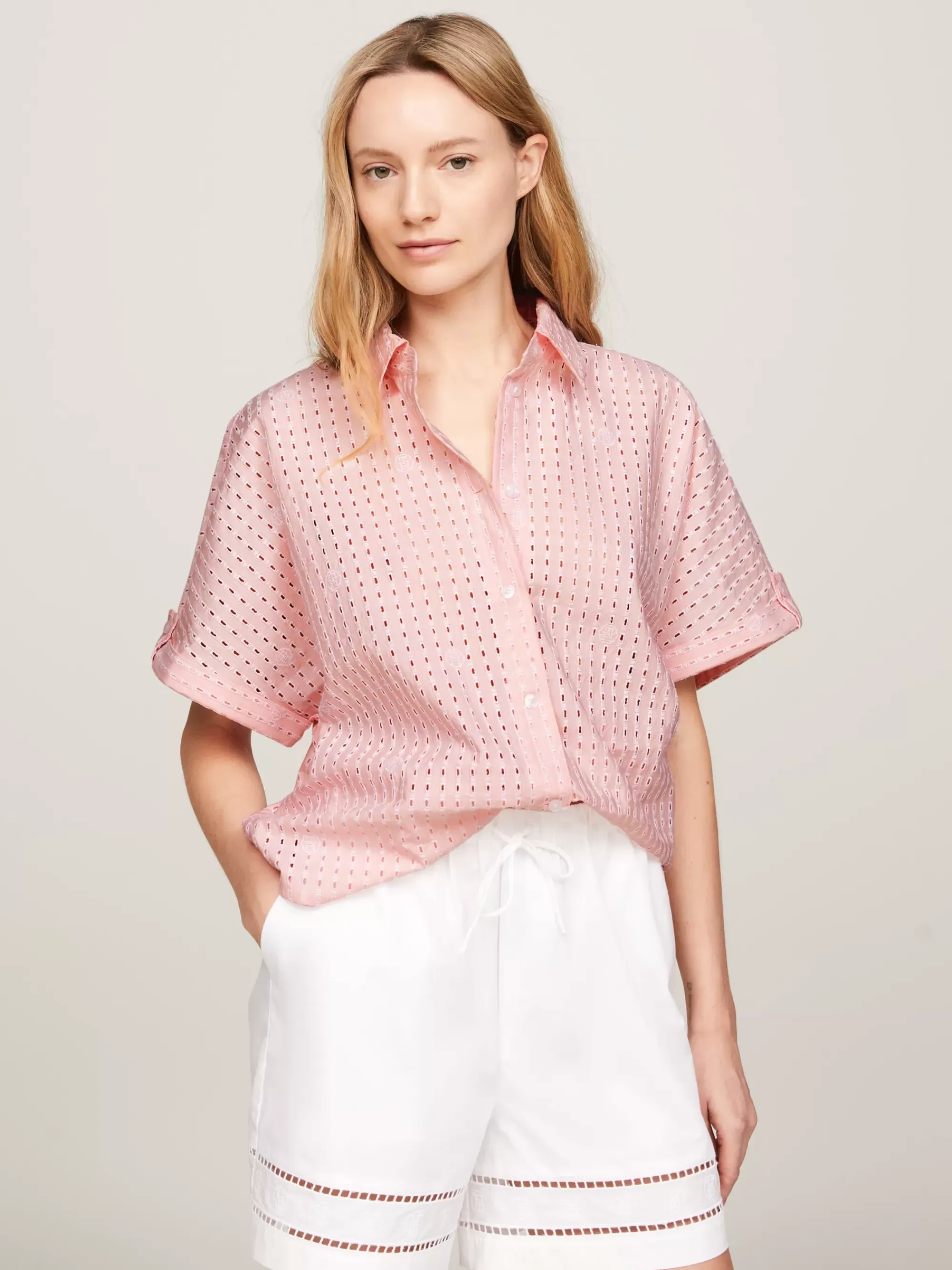 Blouses & Overhemden*Tommy Hilfiger Oversized Blouse Met Korte Mouwen LIGHT PINK ALLOVER BRODERY