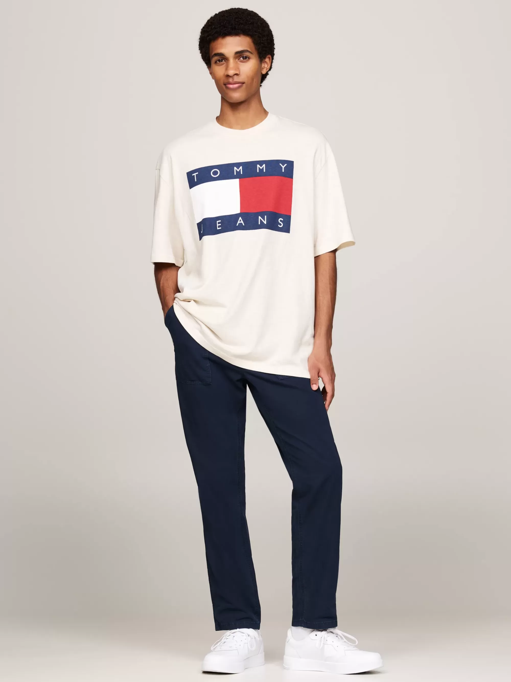 T-Shirts*Tommy Hilfiger Oversized T-shirt Met Tommy-vlagbadge ANCIENT WHITE MELANGE