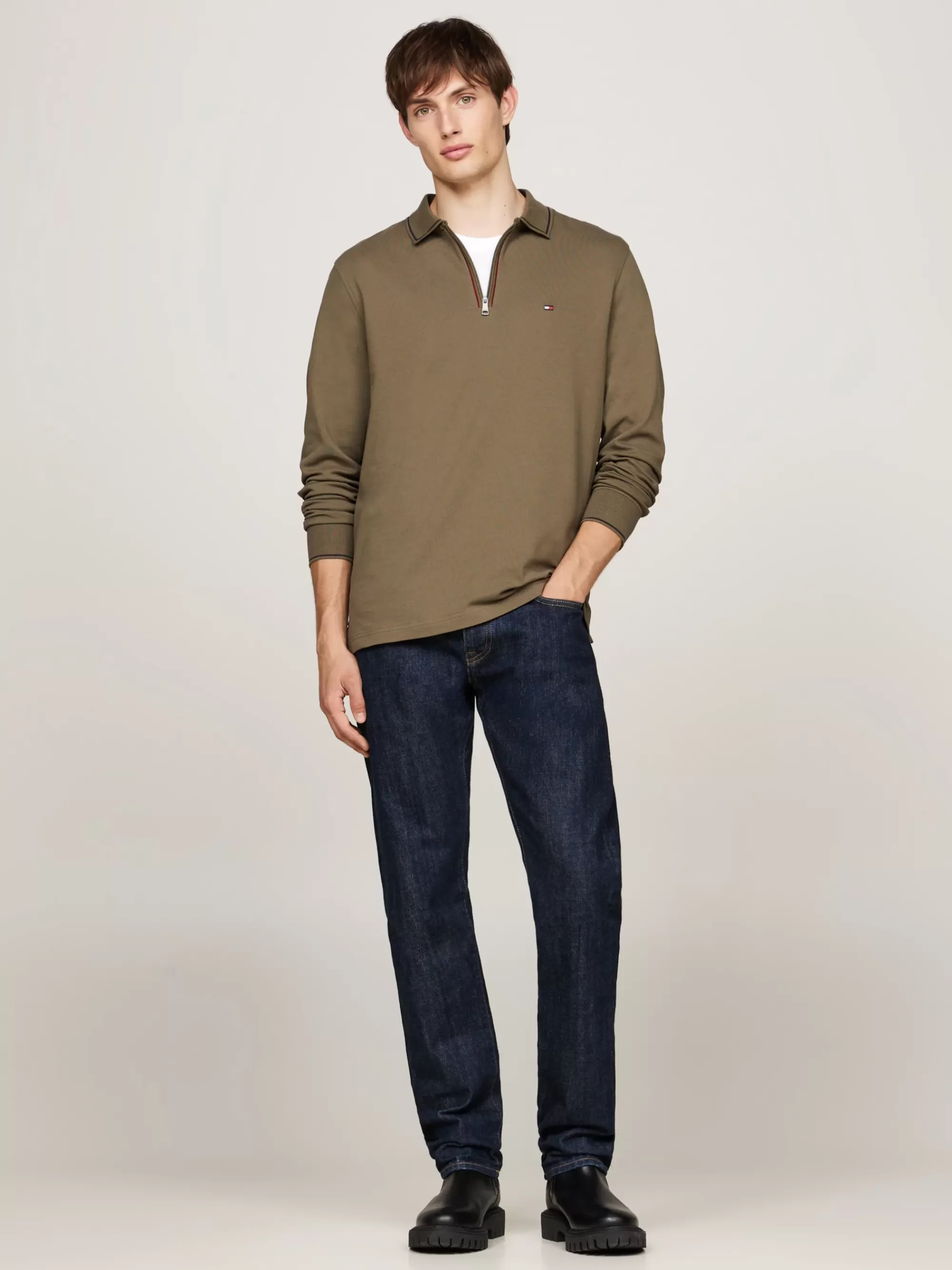 Polo's*Tommy Hilfiger Polo Met Lange Mouwen En Rits ARMY GREEN