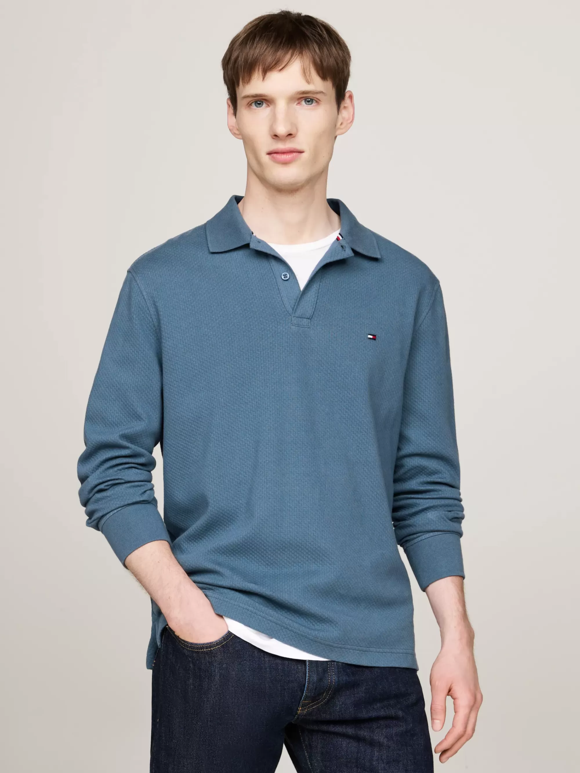 Polo's*Tommy Hilfiger Polo Met Lange Mouwen En Wafelstructuur AEGEAN SEA