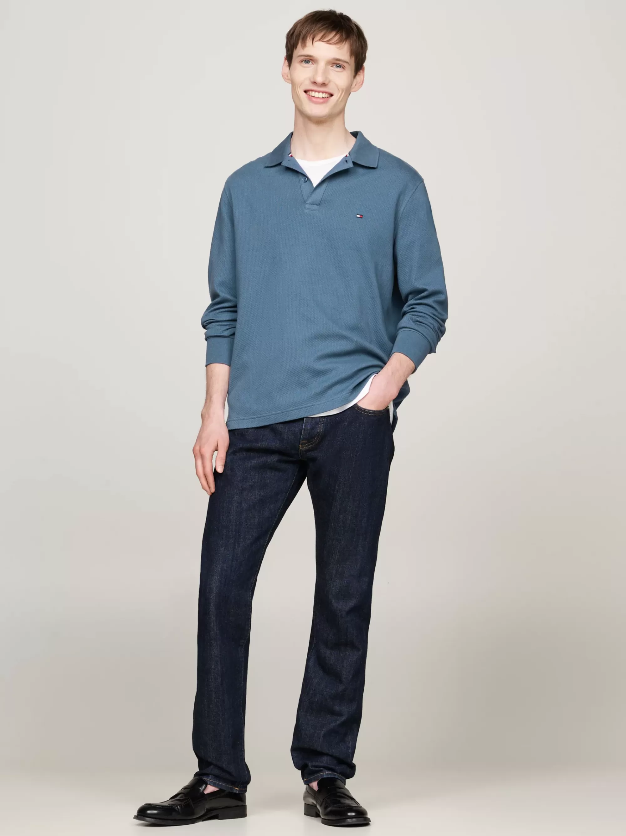 Polo's*Tommy Hilfiger Polo Met Lange Mouwen En Wafelstructuur AEGEAN SEA