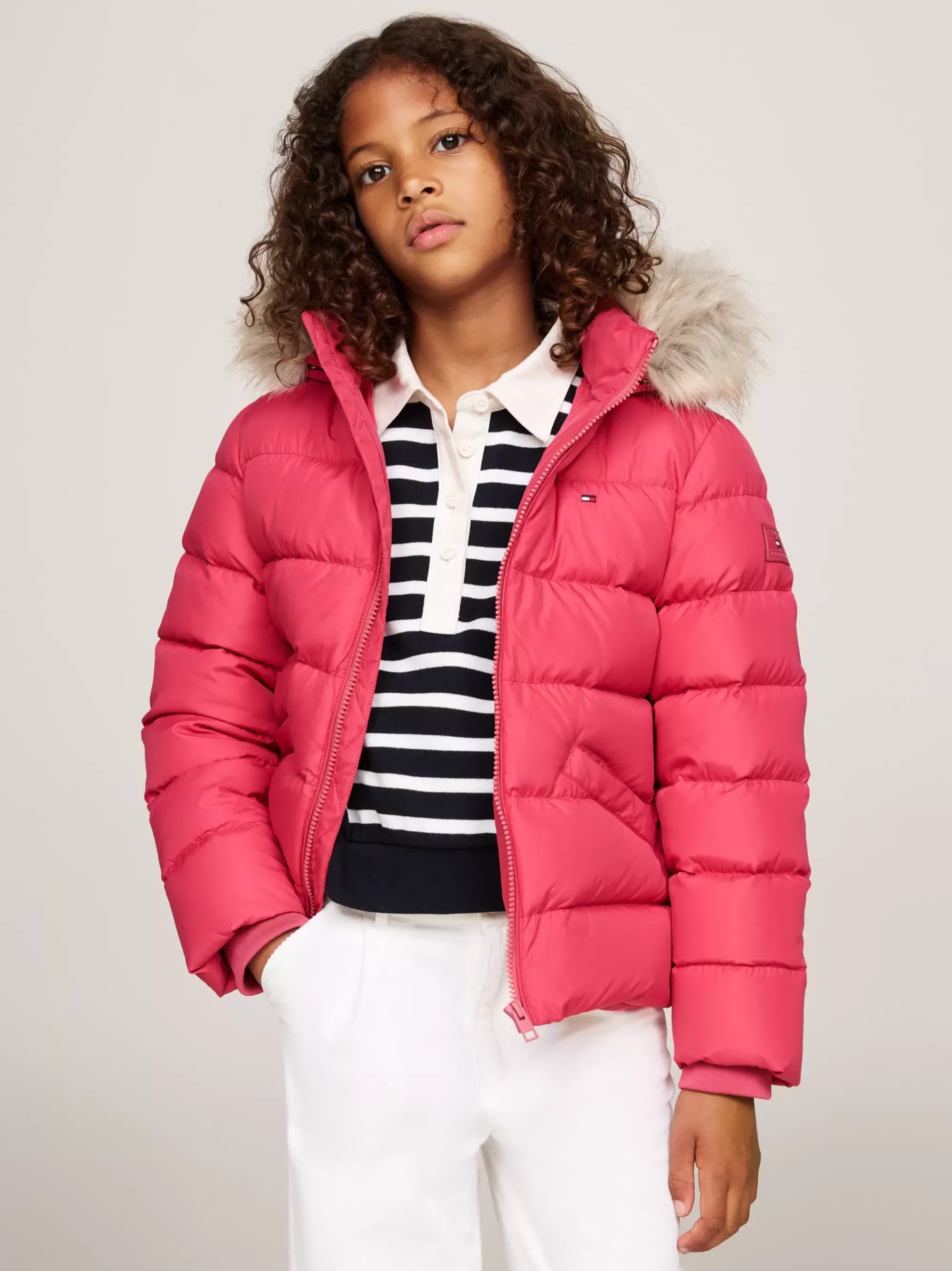 Jassen & Jacks*Tommy Hilfiger Pufferjack Met Capuchon Met Imitatiebont HERITAGE PINK