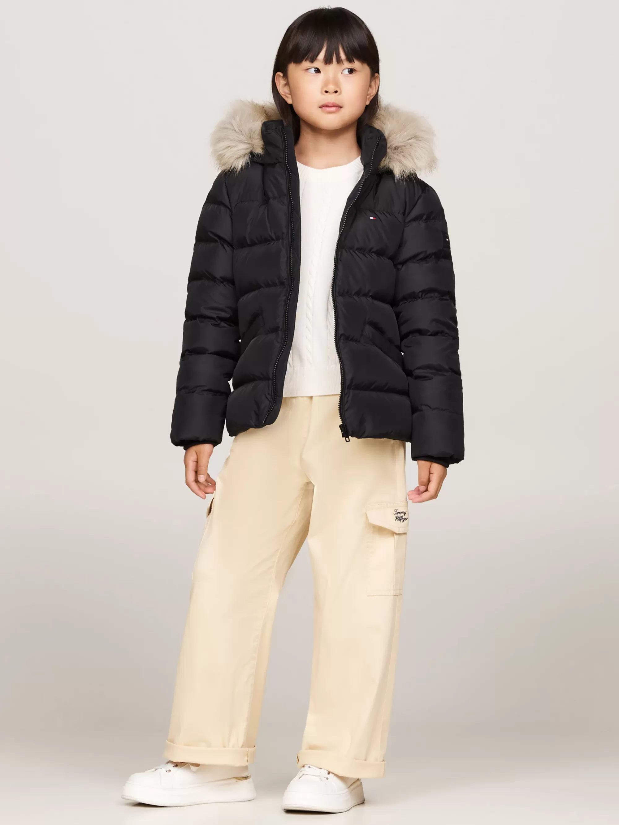 Jassen & Jacks*Tommy Hilfiger Pufferjack Met Capuchon Met Imitatiebont BLACK