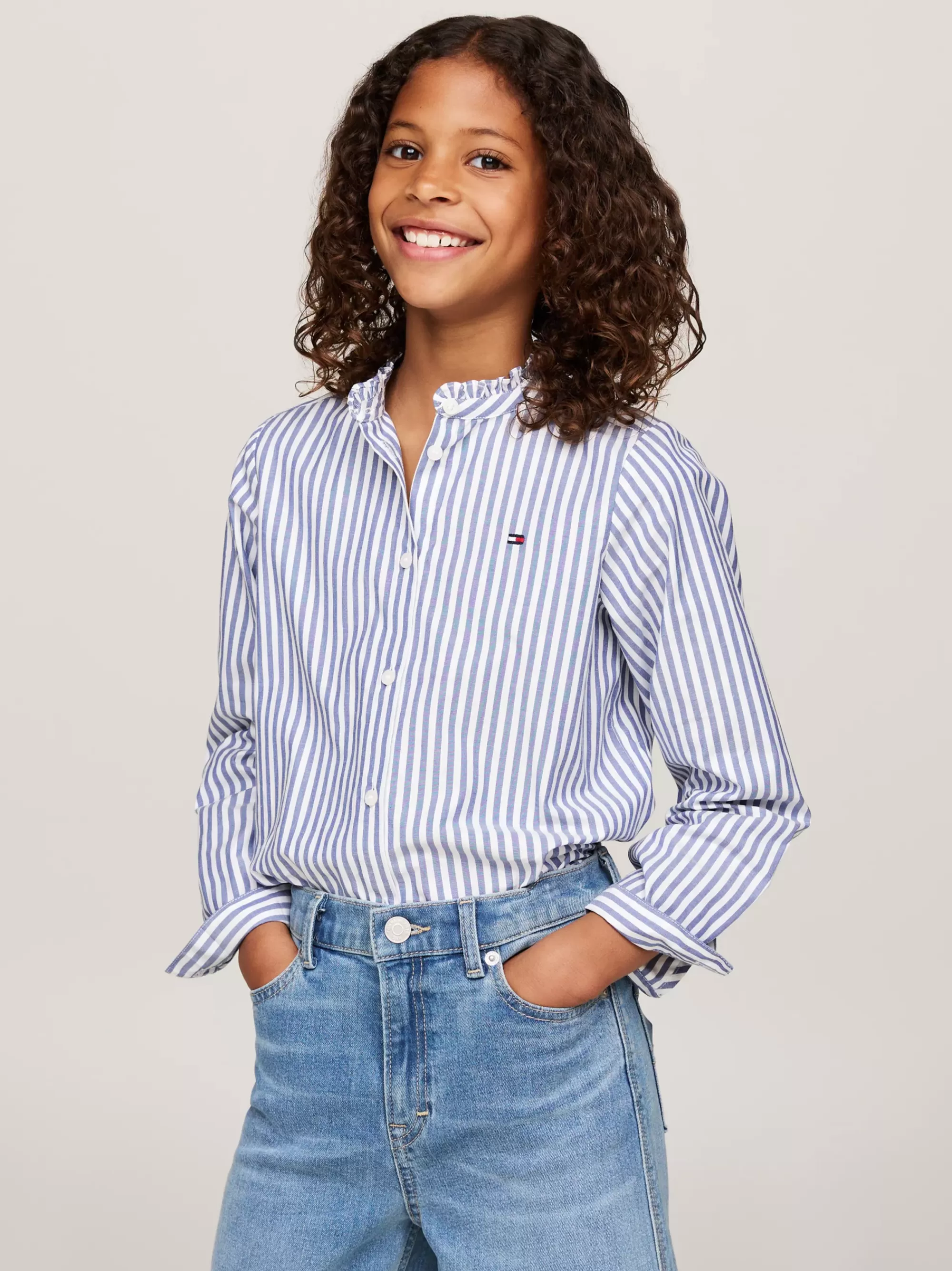 Tops & T-Shirts*Tommy Hilfiger Regular Fit Blouse Met Ruches Rond De Hals MID BLUE / OPTIC WHITE