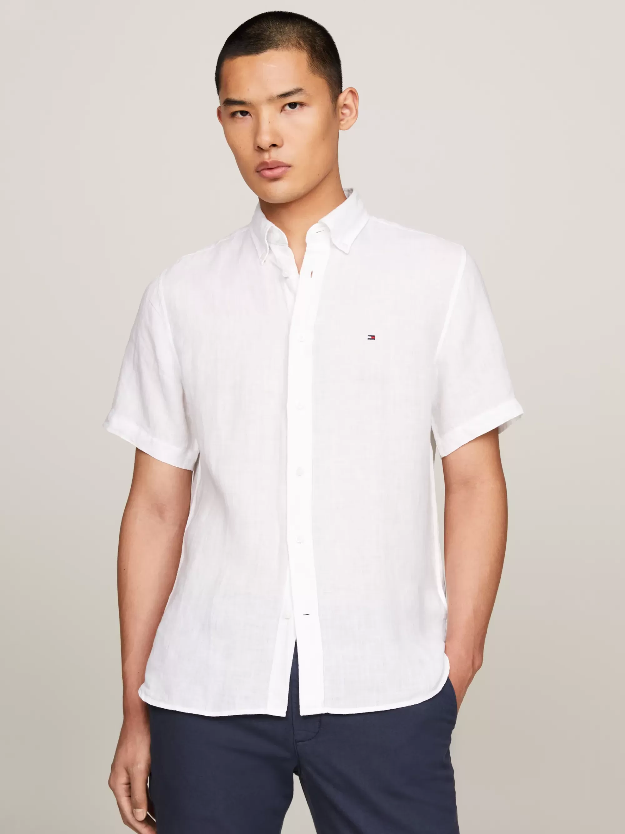 Overhemden*Tommy Hilfiger Regular Fit Linnen Overhemd Met Korte Mouwen OPTIC WHITE