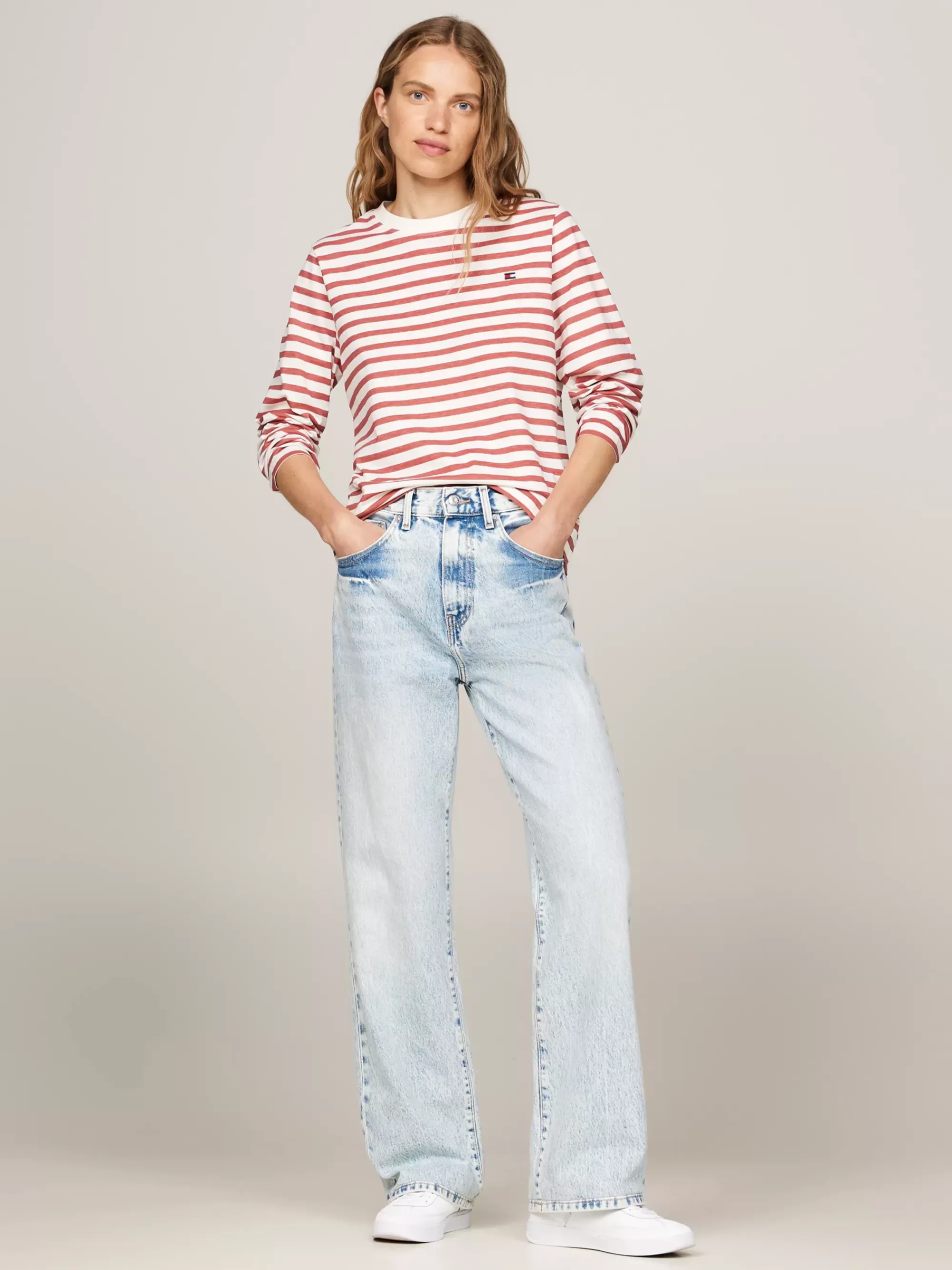 T-Shirts*Tommy Hilfiger Regular Fit Longsleeve Met Streep REG STP ANCIENT WHITE/ TERRA RED