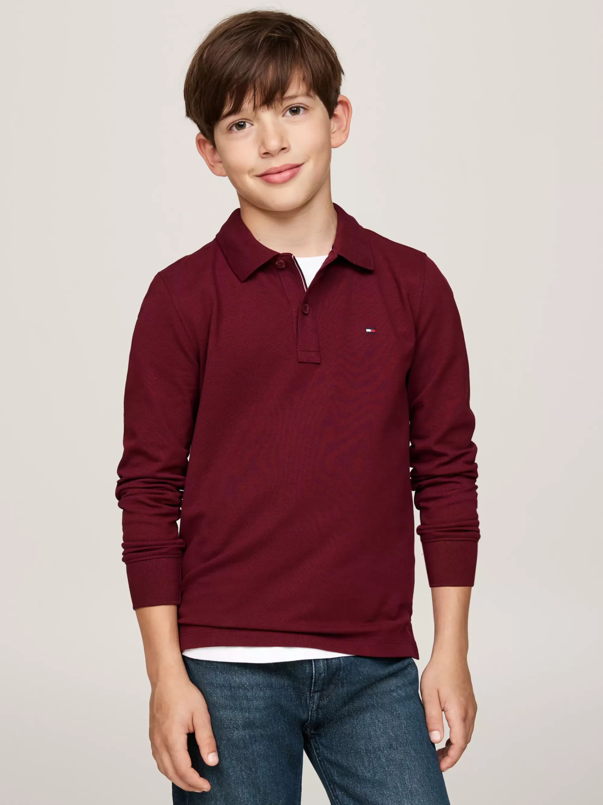 T-Shirts & Polo's*Tommy Hilfiger Regular Fit Longsleeve Polo Met Hilfiger-vlag DEEP ROUGE