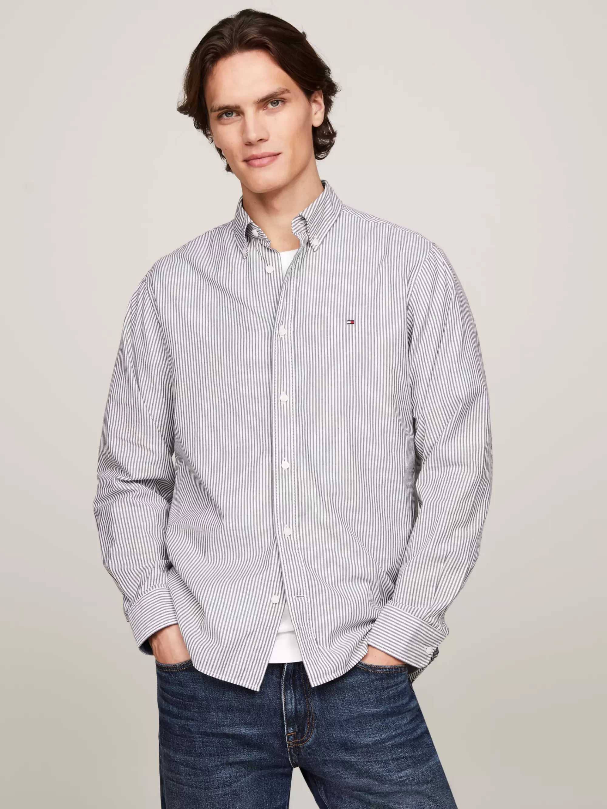Overhemden*Tommy Hilfiger Regular Fit Overhemd Met Microstreep En Vlag DESERT SKY / OPTIC WHITE