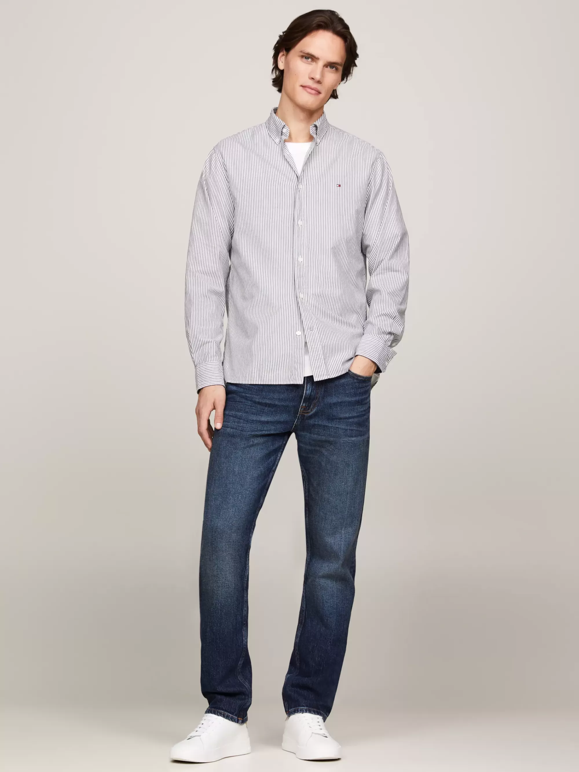 Overhemden*Tommy Hilfiger Regular Fit Overhemd Met Microstreep En Vlag DESERT SKY / OPTIC WHITE