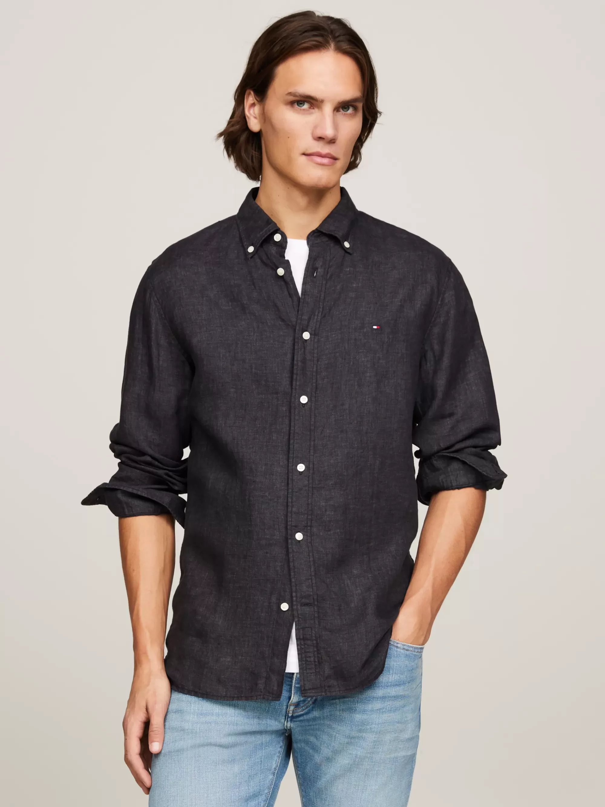 Overhemden*Tommy Hilfiger Regular Fit Overhemd Van Pigment-dyed Linnen BLACK