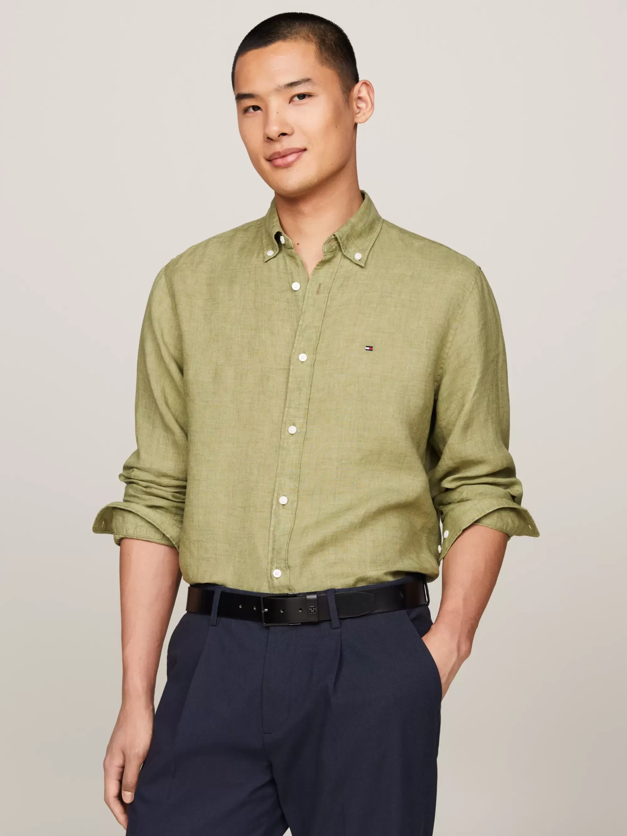 Overhemden*Tommy Hilfiger Regular Fit Overhemd Van Pigment-dyed Linnen FADED OLIVE