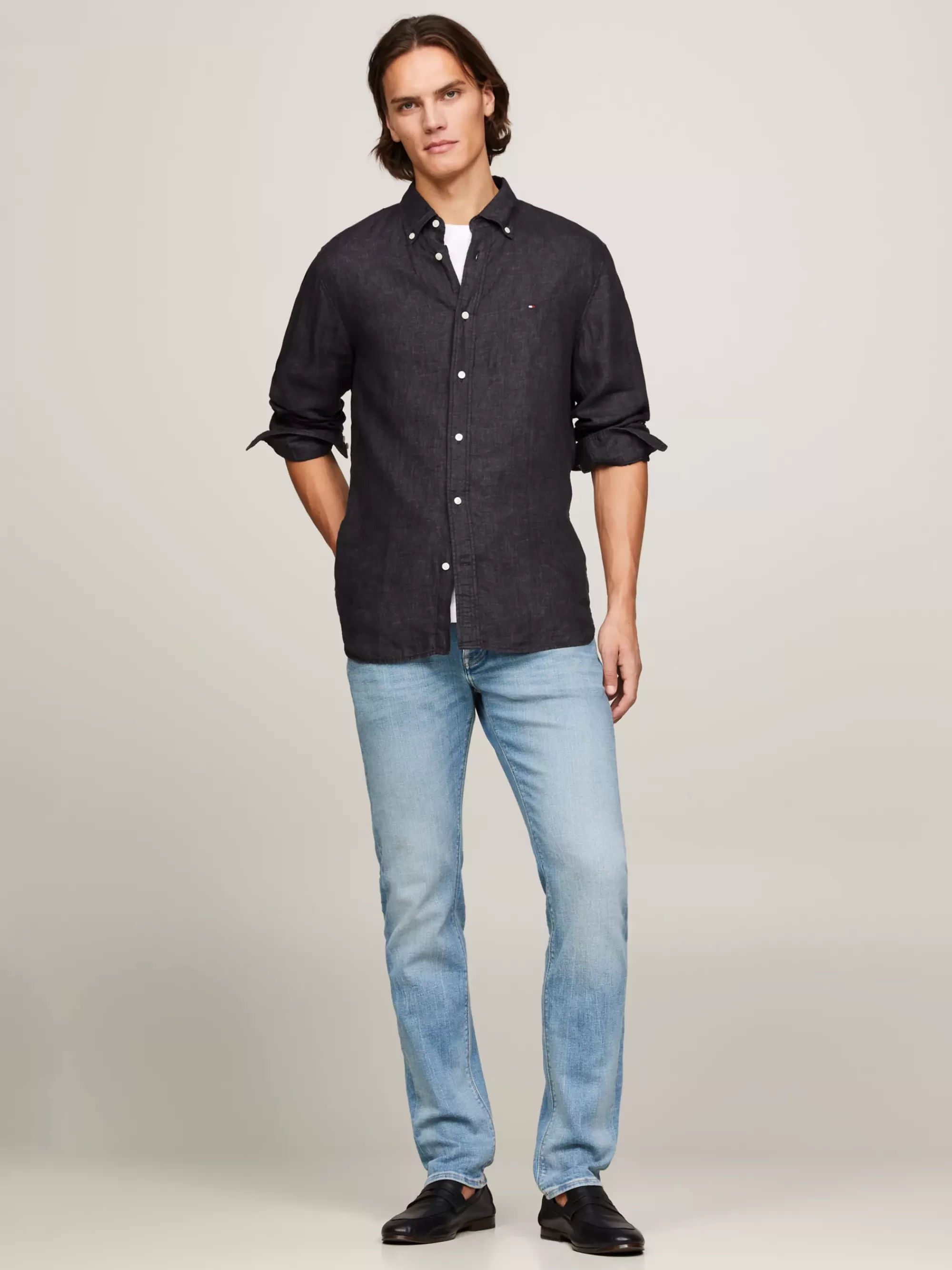 Overhemden*Tommy Hilfiger Regular Fit Overhemd Van Pigment-dyed Linnen BLACK