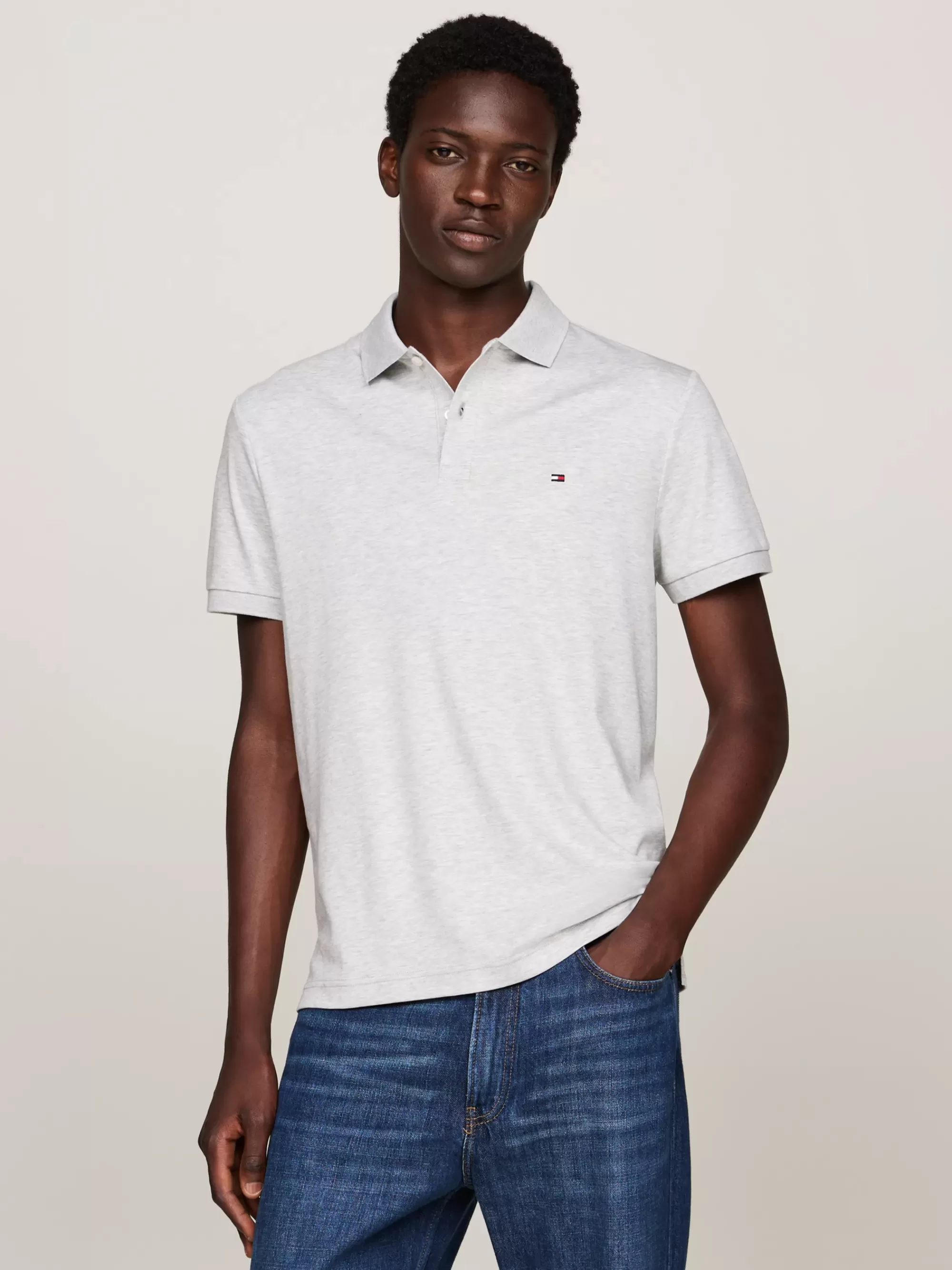 Polo's*Tommy Hilfiger Regular Fit Polo Met Geborduurde Vlag LIGHT GREY HEATHER