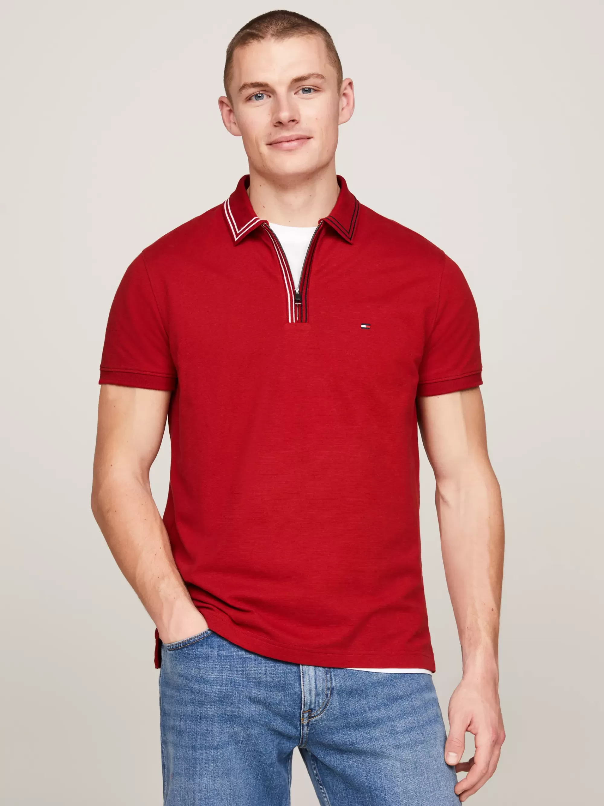 Polo's*Tommy Hilfiger Regular Fit Polo Met Rits En Streepdetail DARK MAGMA