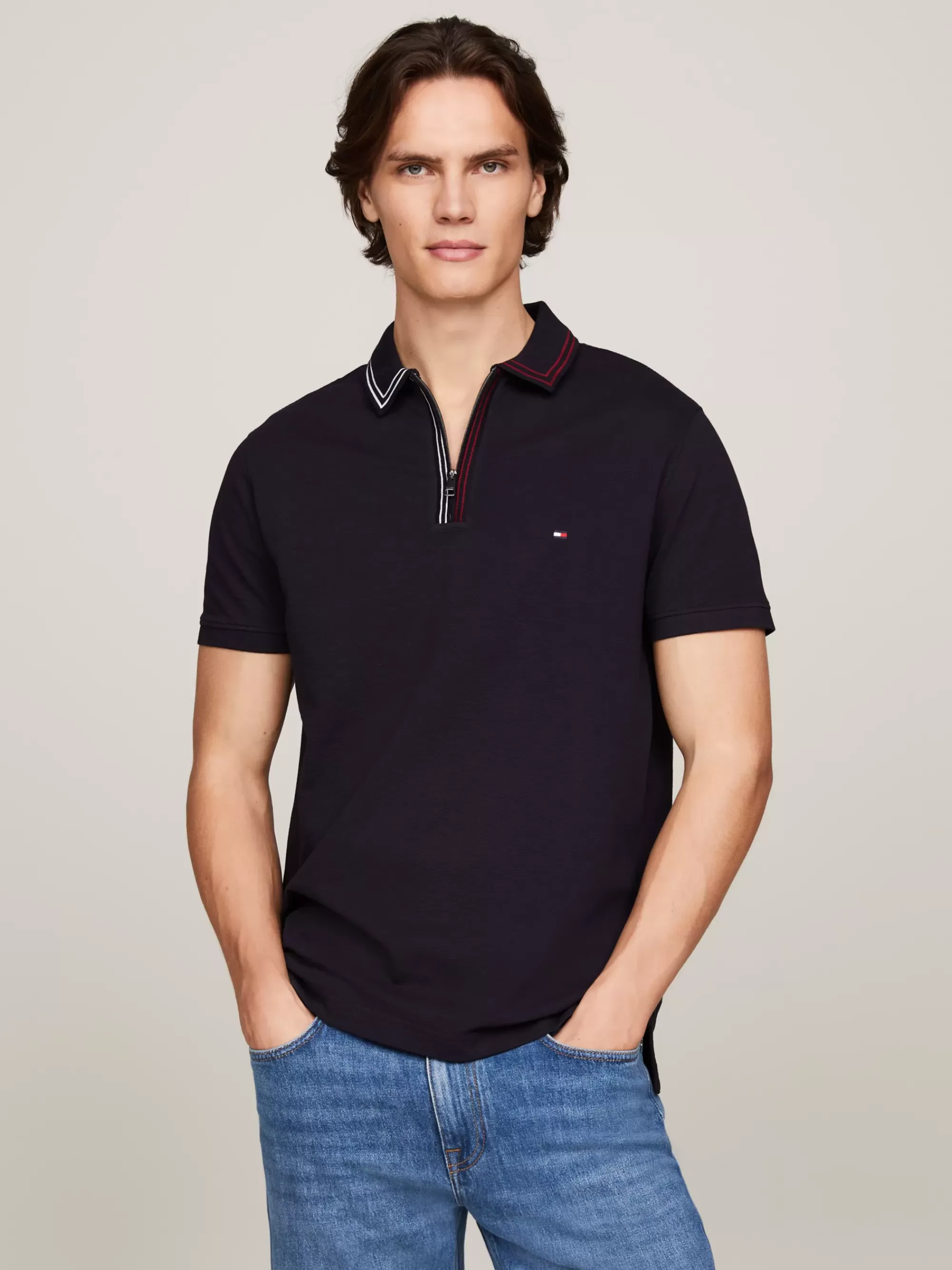 Polo's*Tommy Hilfiger Regular Fit Polo Met Rits En Streepdetail DESERT SKY
